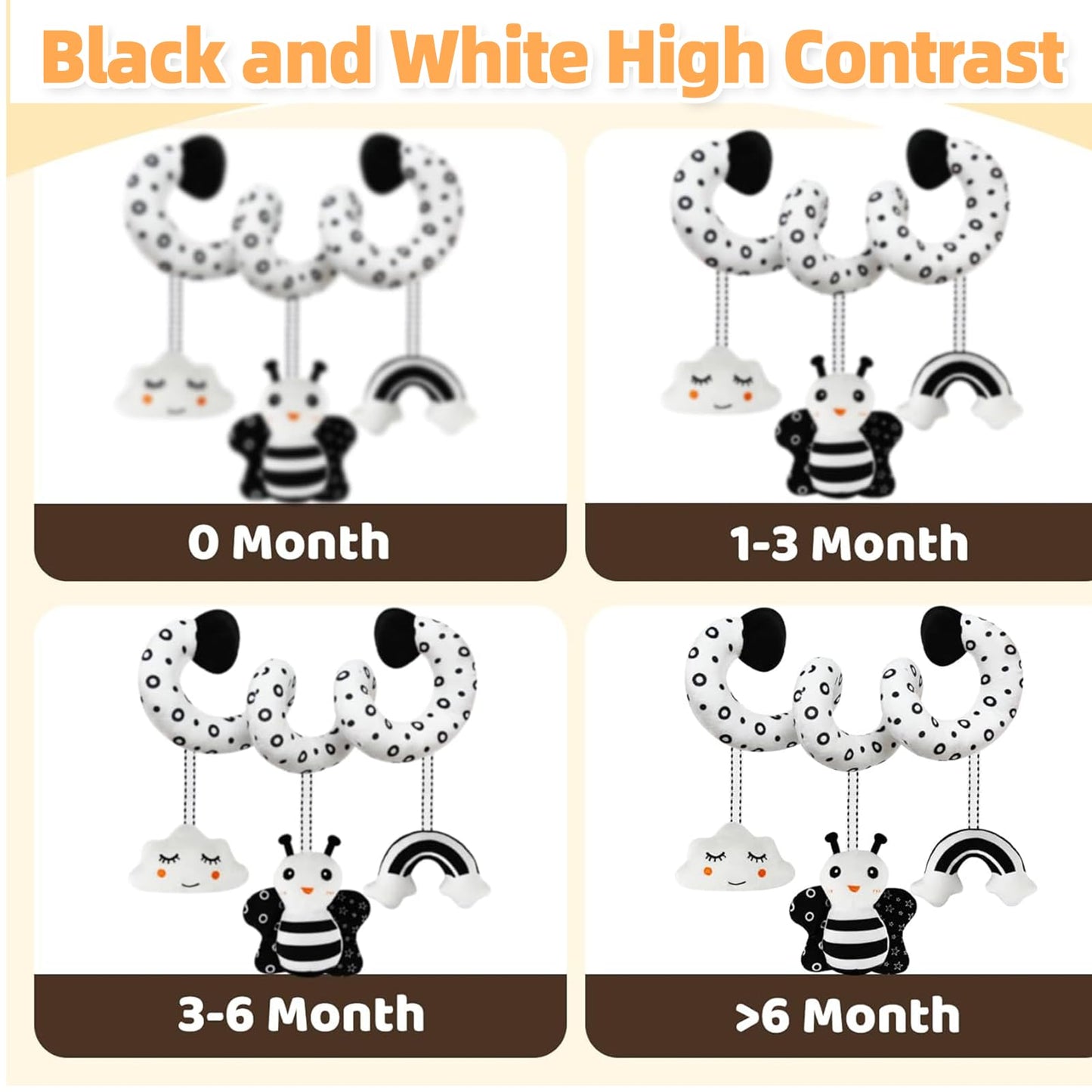 Ucdoet Car Seat Toys, Spiral Stroller And Carseat Hanging Toys For Babies 0-6 Months, Black And White High Contrast Baby Toys Fo