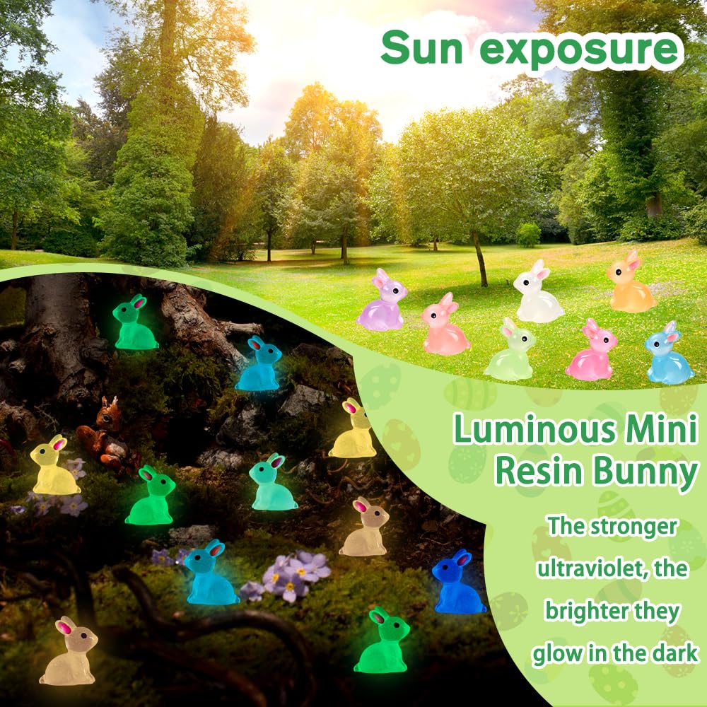 DULEFUN 70pcs Easter Luminous Mini Resin Bunny 7 Colors Little Small Glow in The Dark Rabbit Bunny Figures for Dollhouse Micro F
