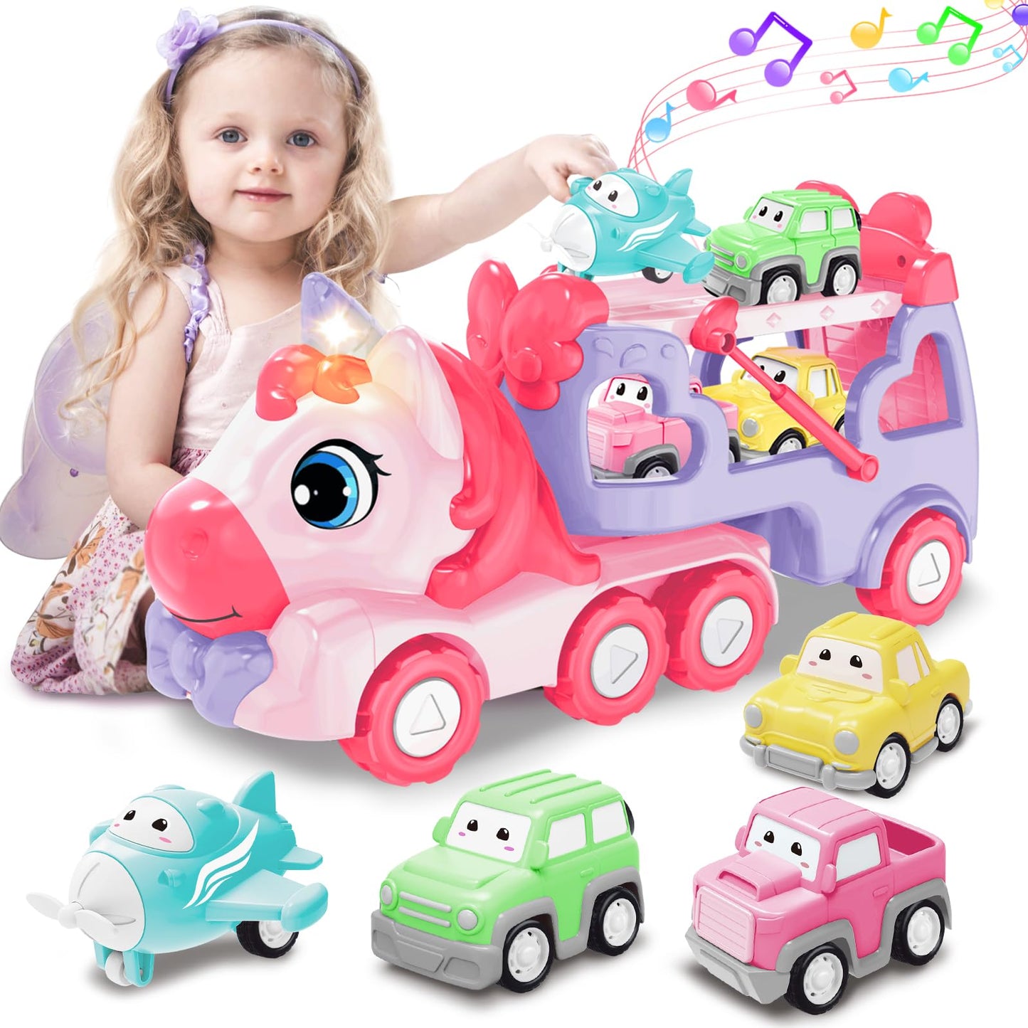 seveclotree Toys for 1 2 3 Year Old Girl, 5-in-1 Unicorn Toys Carrier Truck Toy Cars with Light & Sound,Girl Toddler Toys Age 2-