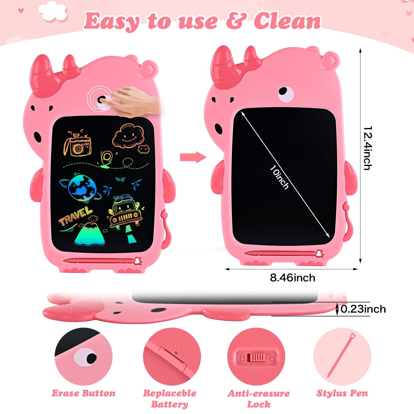 Lcd Writing Tablet Kids Toys -10 Inch Toddler Toys Learning Drawing Pad Rhinoceros Dinosaur Toys For 3 4 5 6 7 8 Years Boys Girl
