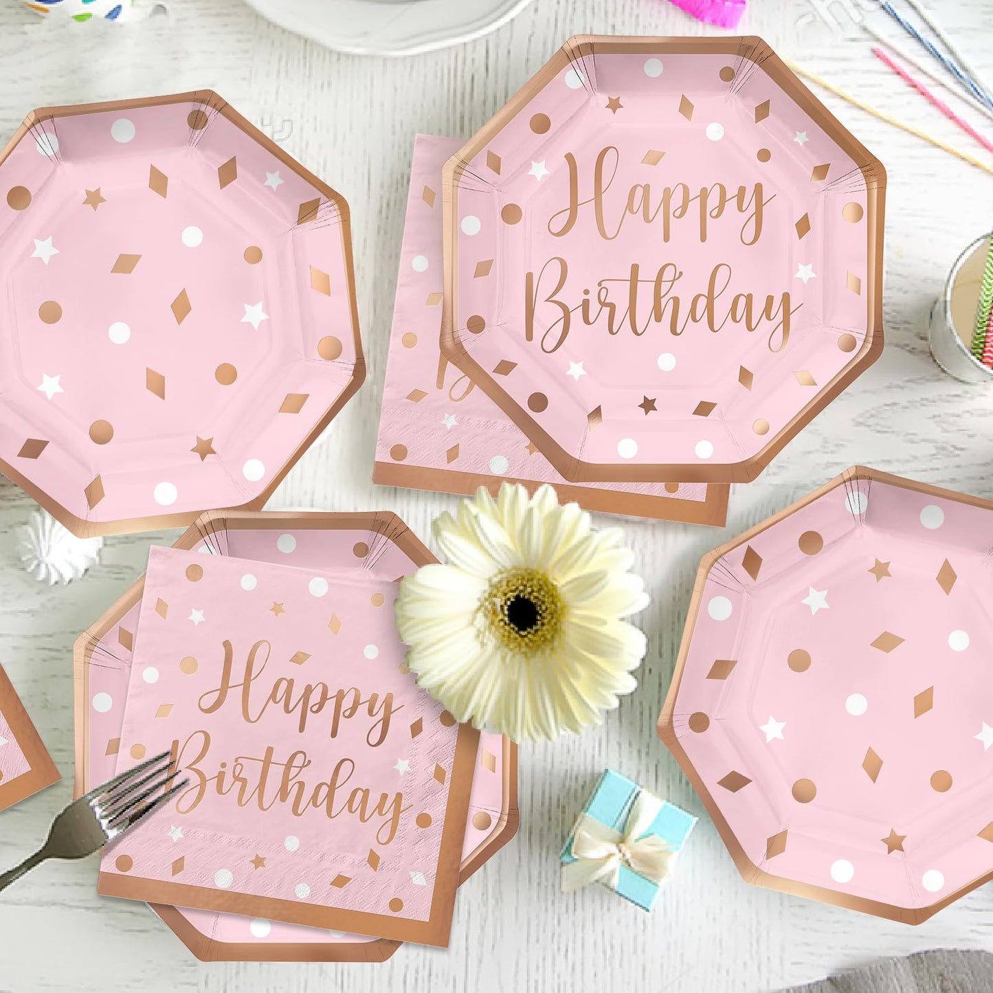 Rose Gold Birthday Party Supplies - Disposable Paper Plates, Napkins, Cups, Tablecloth & Banner For Girl/Women Celebration, Serv