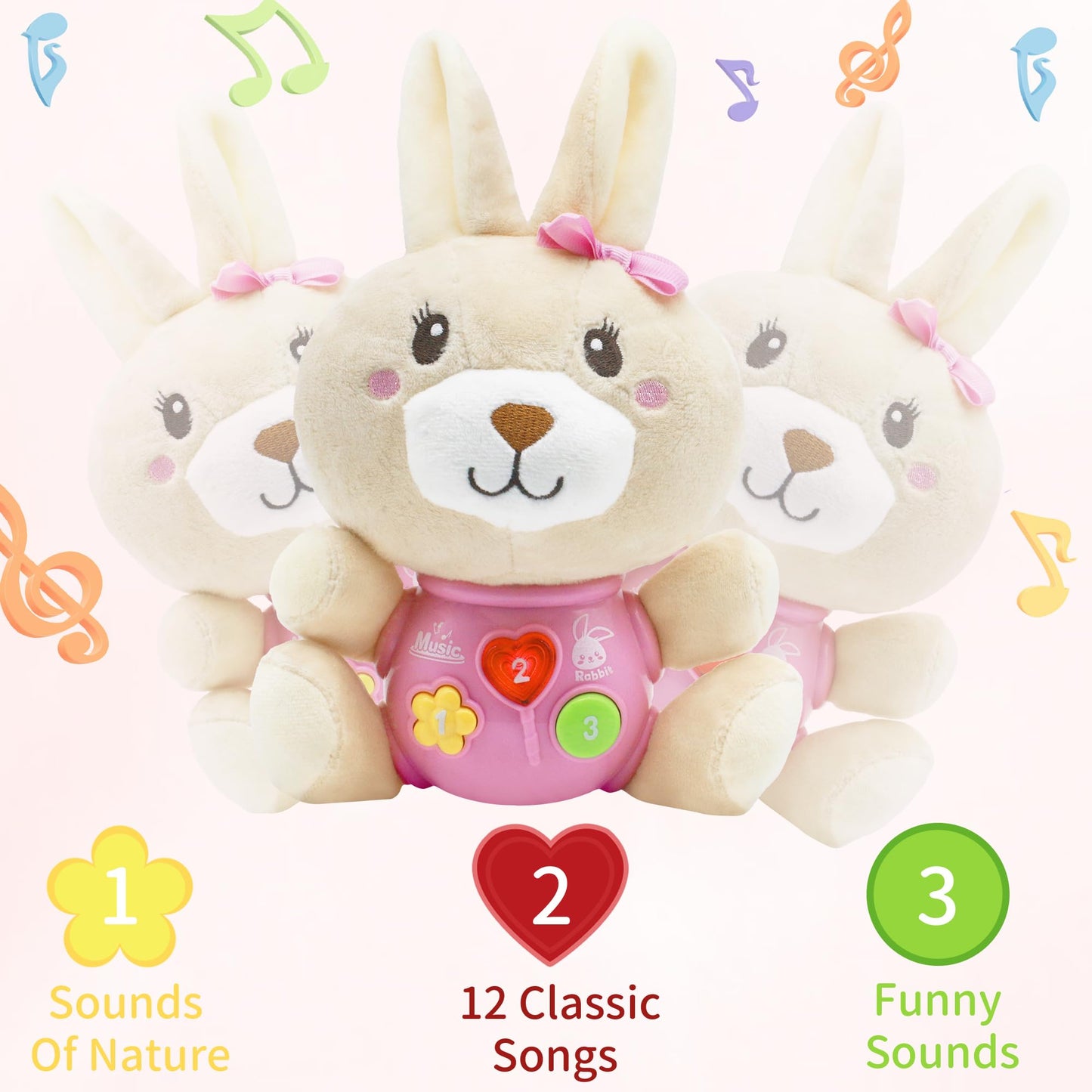 Haptime Baby Bunny Toys 6-12 Months, Infant Toys 0-6 Months, Newborn Girl Music Tummy Toy Plush Stuffed Animal, Baby Easter Basket Stuffers Birthday Shower Gift For 0 1 3 6 9 12 18 Months Girls