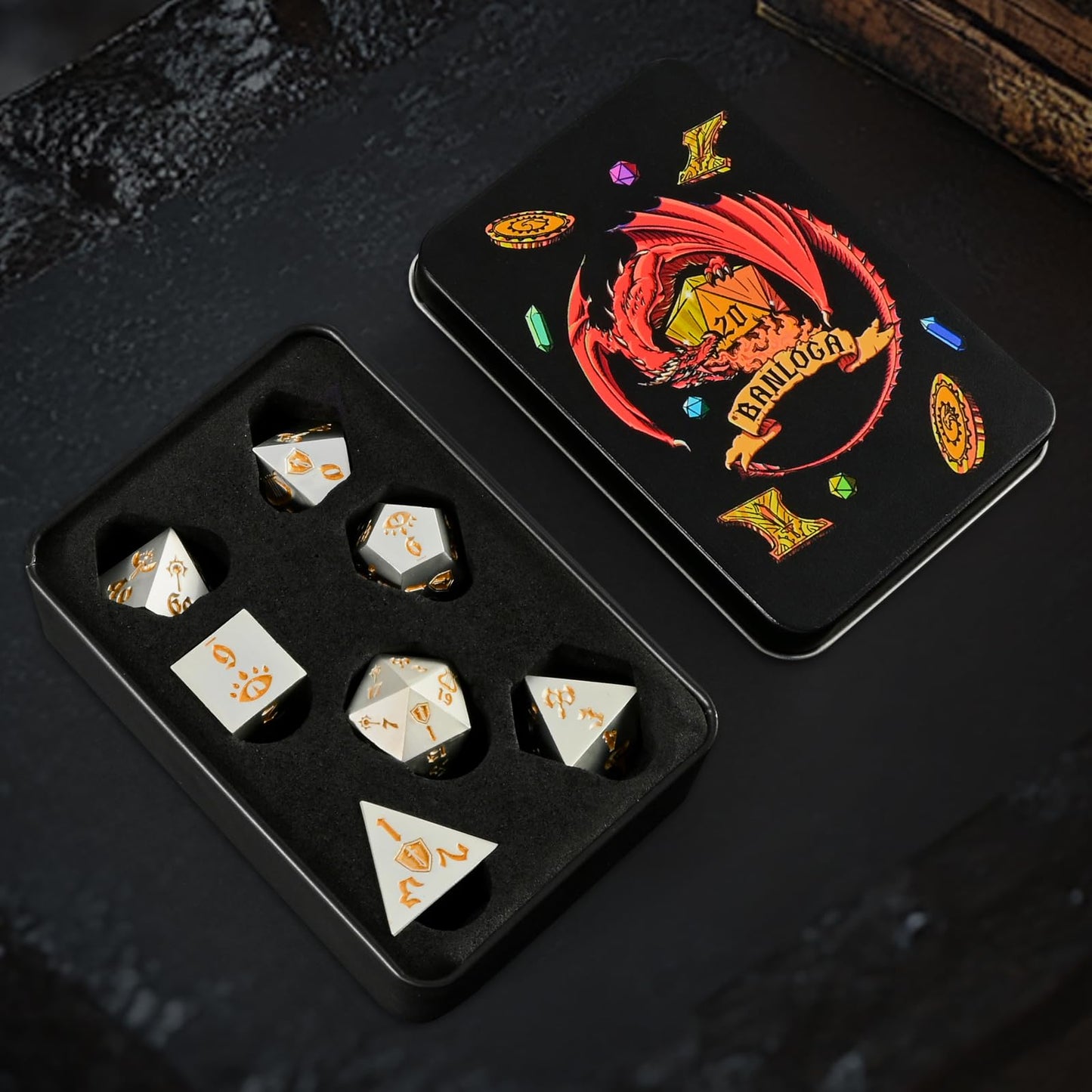 Banloga DND Dice Set,7PCS Metal Dice Set for Dungeons and Dragons,Class Icons Dice,Role Playing Board Games Accessories (Bright