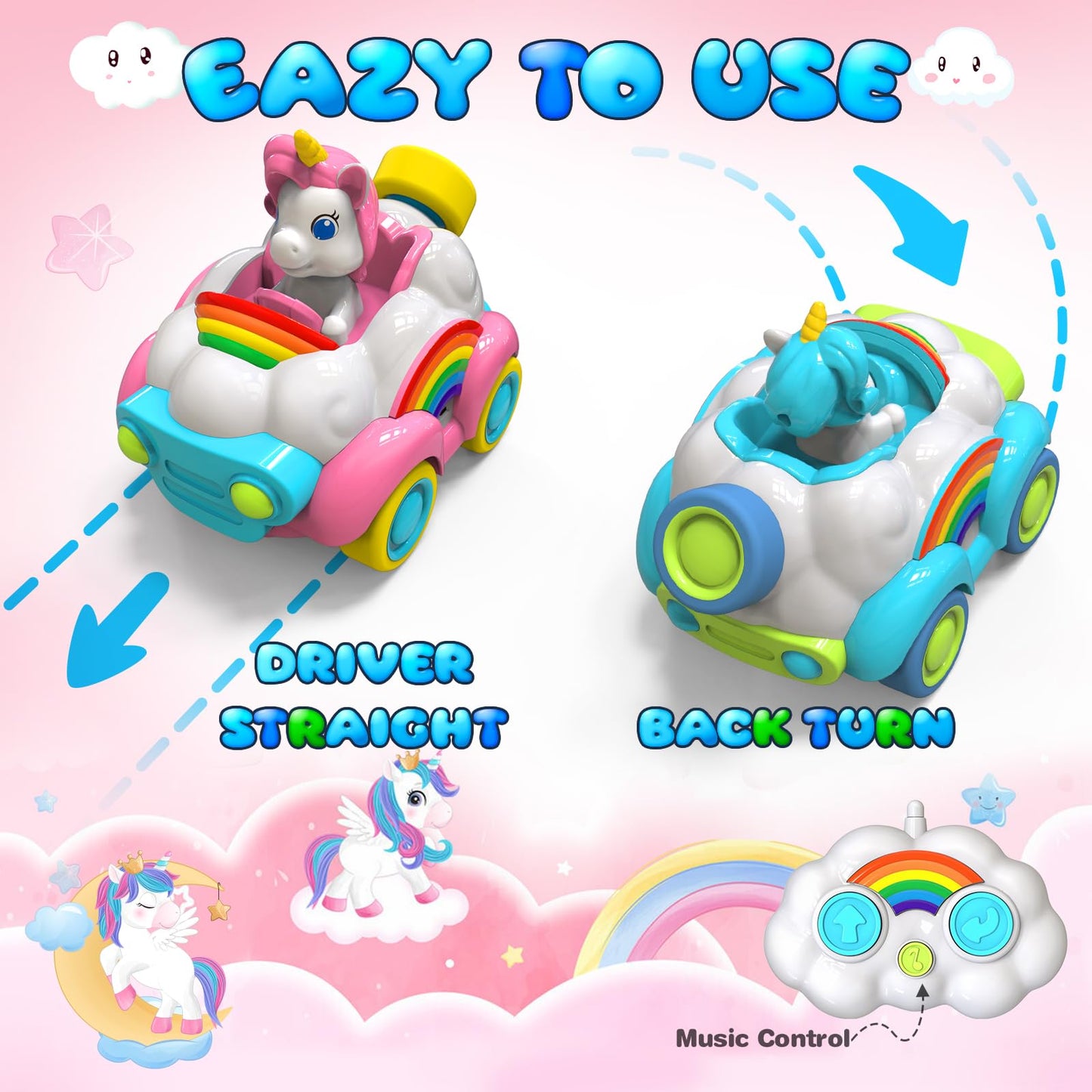 HopeRock Unicorn Toys Remote Control Cars,Toys for Ages 2-4,Gifts for 2 Year Old Girls 2 Pack with LED Lights,Music,and Sound,Bi