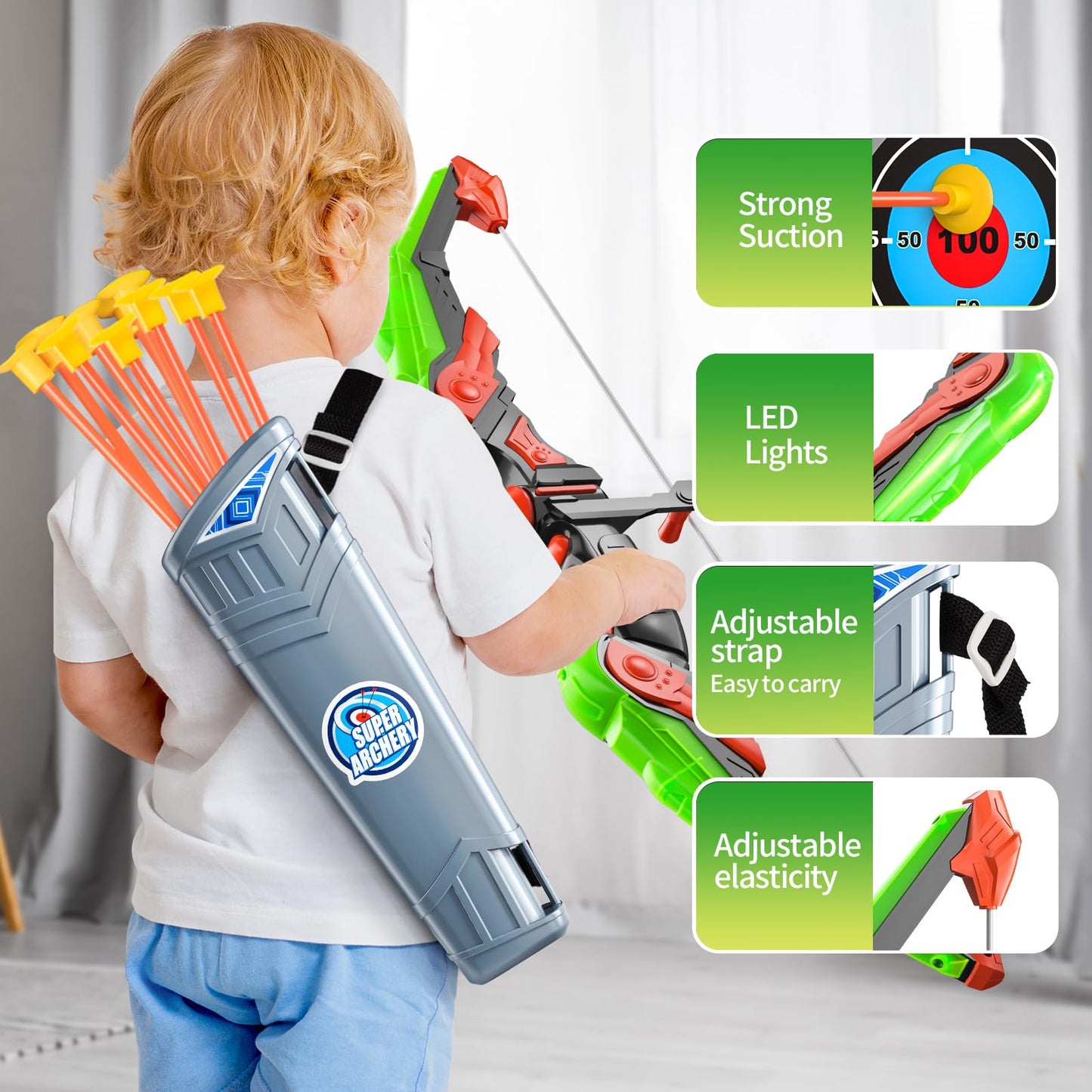 Temi Bow And Arrow For 3 4 5 6 7 8 9 10 Year Old Kids Boys, Led Light Up Archery Toy With 10 Suction Cup Arrows, 4 Target & Quiver, Indoor Outdoor Activity Toys, Birthday Gift Toys For Kids Boys Girls