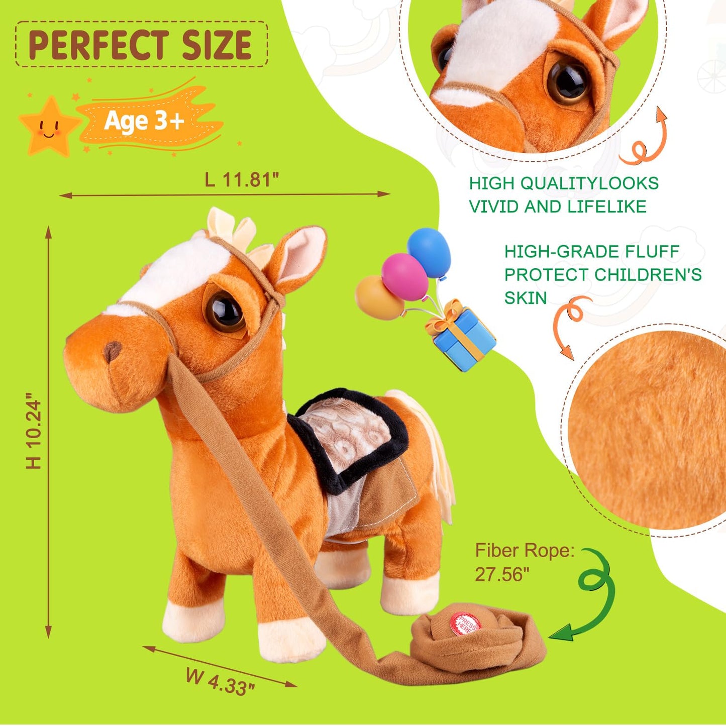 Brown Walking Pony Plush Interactive Pony Toy Singing Dancing Musical Realistic Pony Pet, Stuffed Animal Shaking Leash Horse Toy