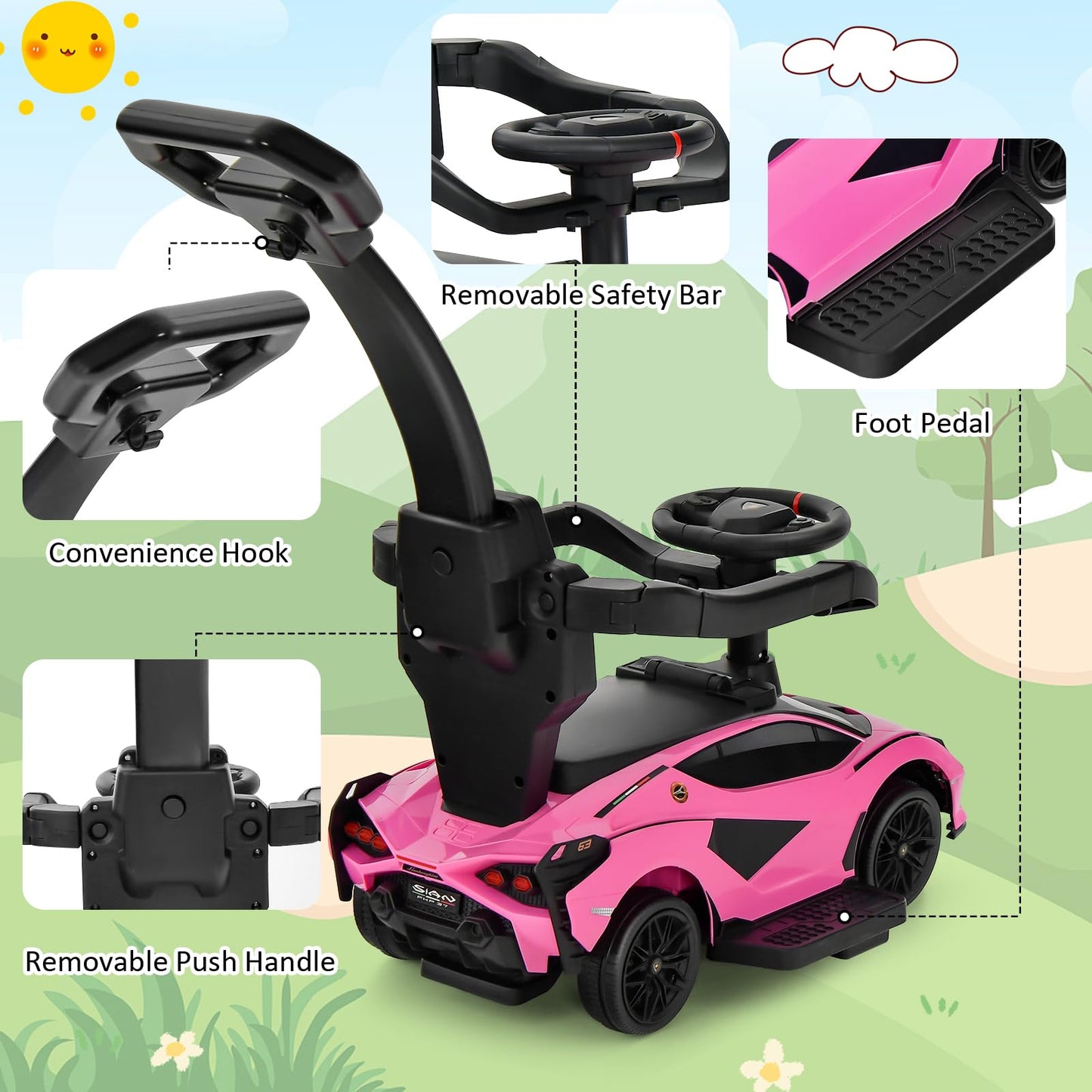 Infans 3 In 1 Ride On Push Car, Licensed Lamborghini Baby Stroller Sliding Walking Car With Parent Control Handle, Music, Headlight, Under Seat Storage, Kids Foot-To-Floor Toy For 18-60 Months (Pink)