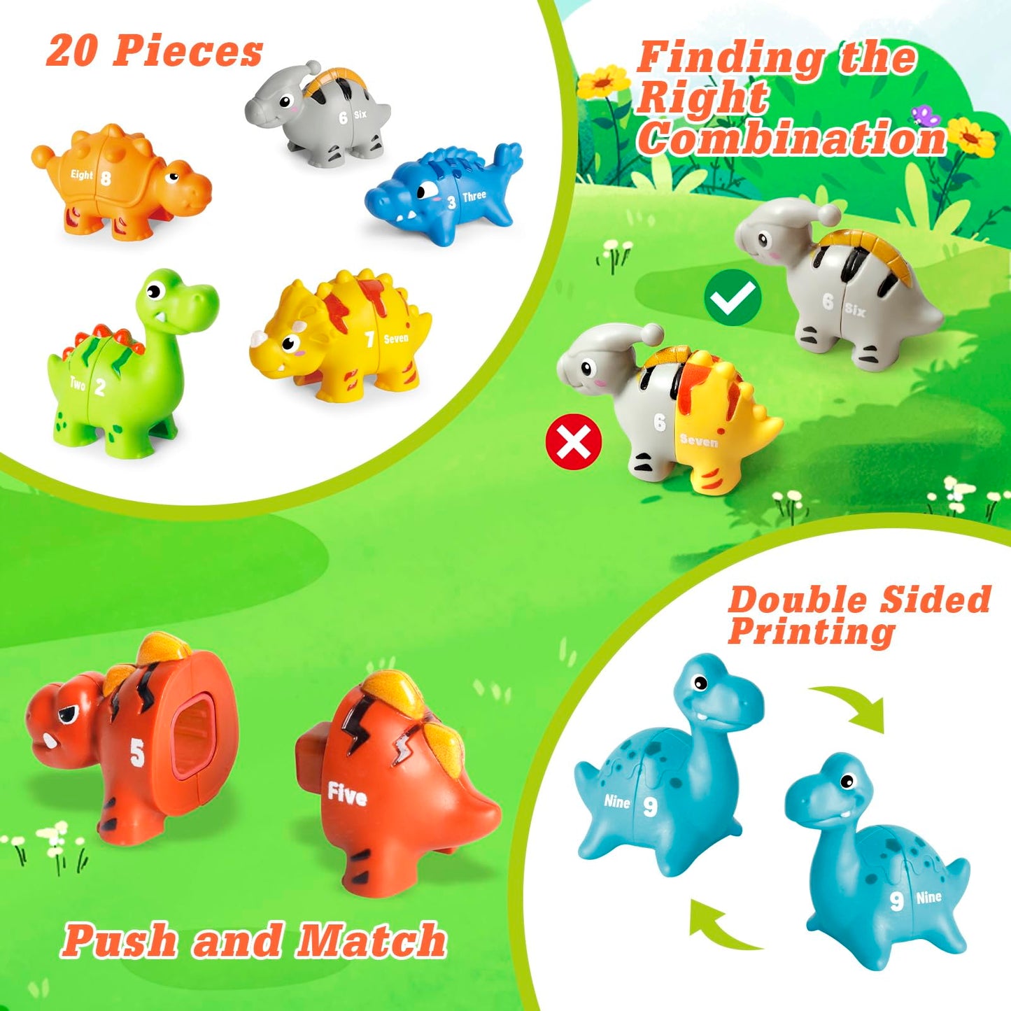 Jetbotell 20 Pcs Dinosaur Number Learning Toys For Toddlers 2-4, 10 Different Dinosaur Figures, Double Sided Number Matching Gam