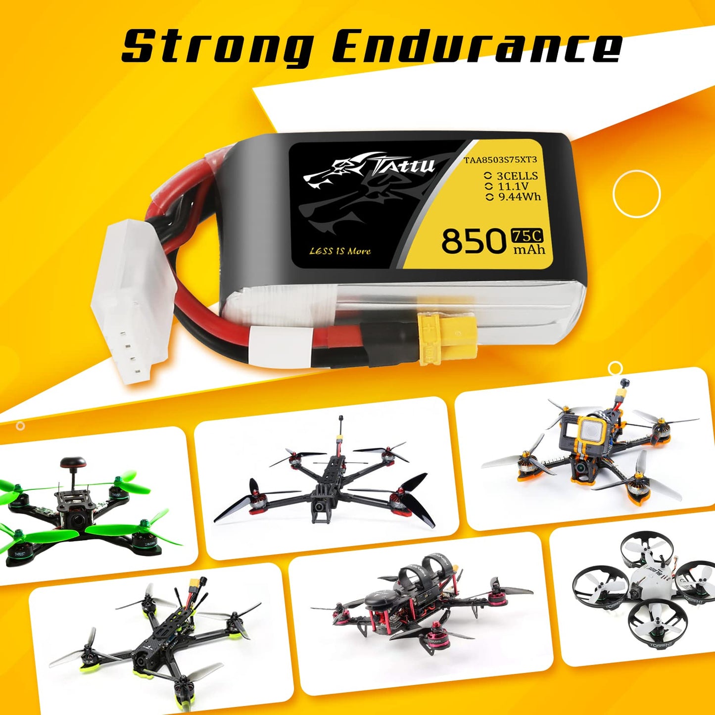TATTU 11.1V 850mAh 75C 3S LiPo Battery Pack with XT30 Plug for 150 &180 Size Quadcopters