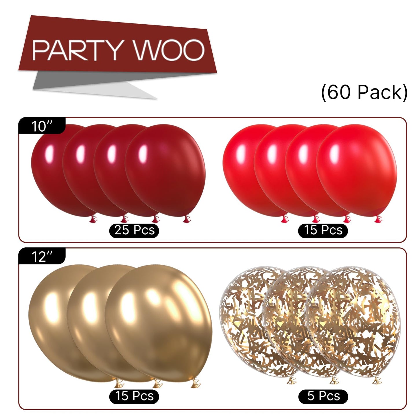 PartyWoo Red and Gold Balloons, 60 pcs 12 Inch Maroon Ruby Dark Red Burgundy Metallic Gold Confetti Balloons for Graduation Chri