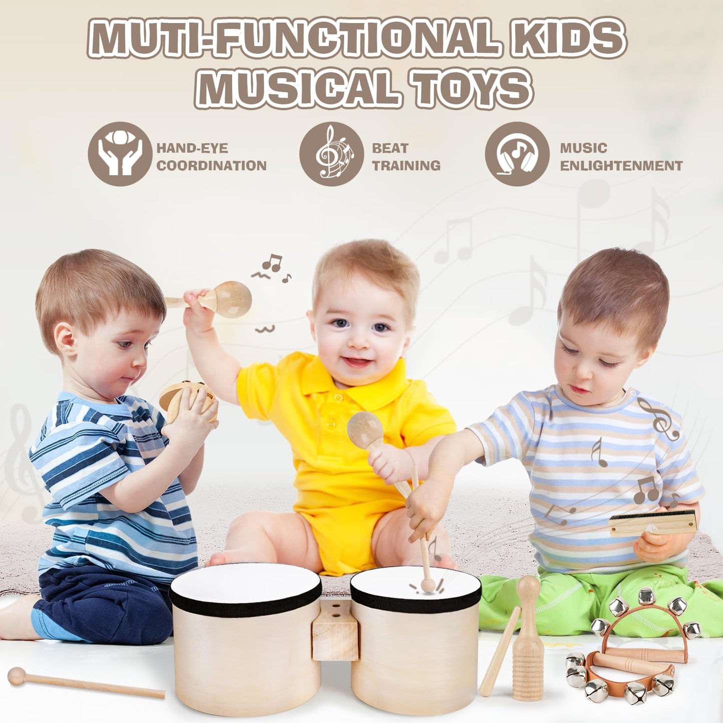 Drum Set For Toddlers 1-3, Wooden Musical Instruments Toys For 1 Year Old Girls Gifts, Montessori Toys For Babies 6-12-18 Months With Bongo Drum, One First Christmas Birthday Gifts For Boys Age 2-4