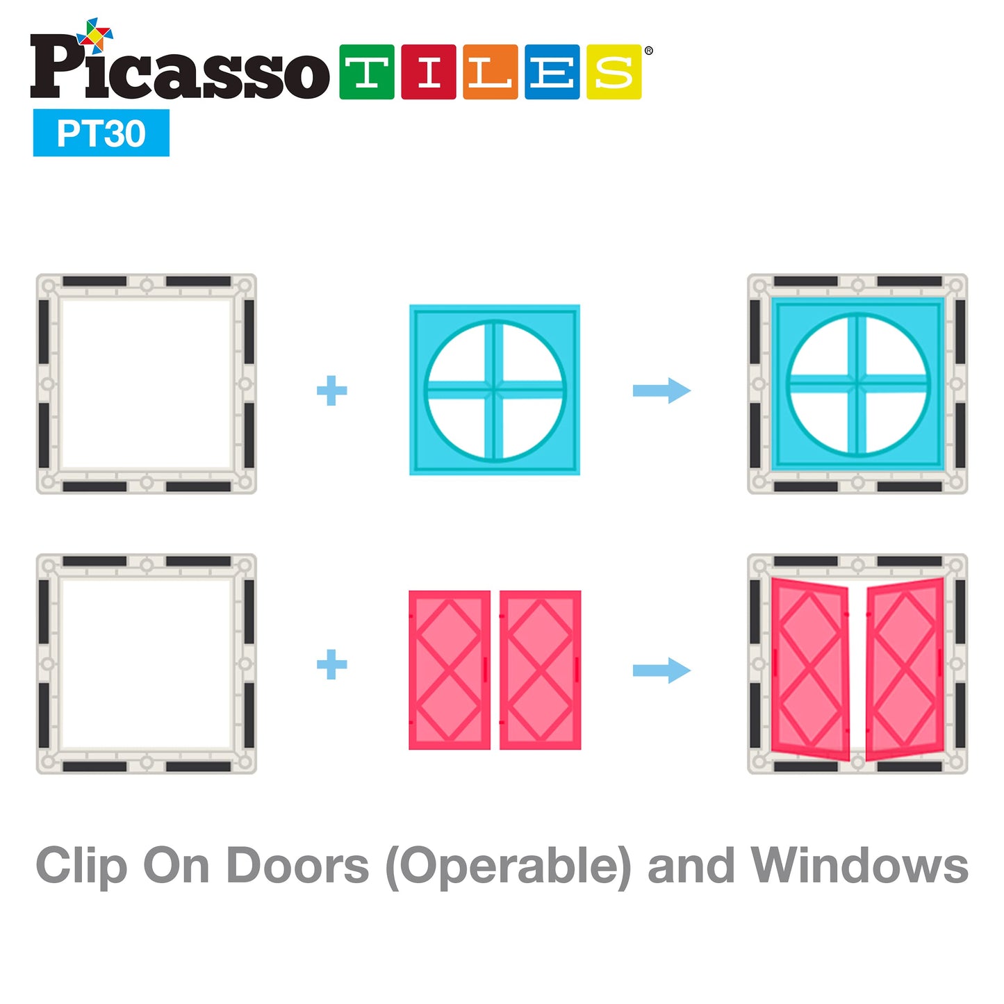 PicassoTiles 30 Piece Window and Door Clip On Magnetic Blocks Magnet Tiles Magnets Building Tile Construction Toy Set STEM Educa