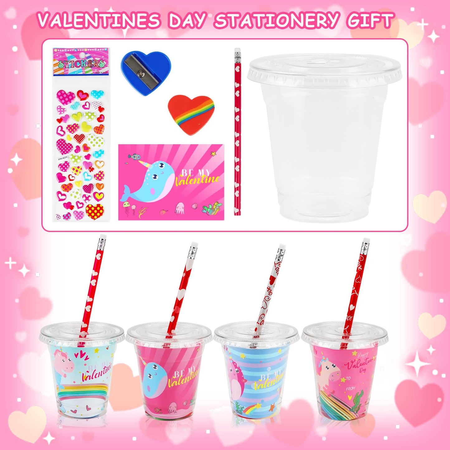 Advoxa Valentines Day Gifts For Kids - 28 Packs Valentines Stationery With Cards And Cups, Valentines Gift Exchange Classroom Pr