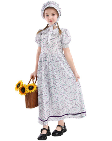 Cr Rolecos Colonial Prairie Costume Girls Floral Pioneer Dress For Girls Short Sleeves Pilgrim Costume Light Purple S Age Over 4