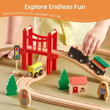Tiny Land Wooden Train Set For Toddler - 39 Pcs- With Wooden Tracks Fits Thomas, Fits Brio, Fits Chuggington, Fits Melissa And D