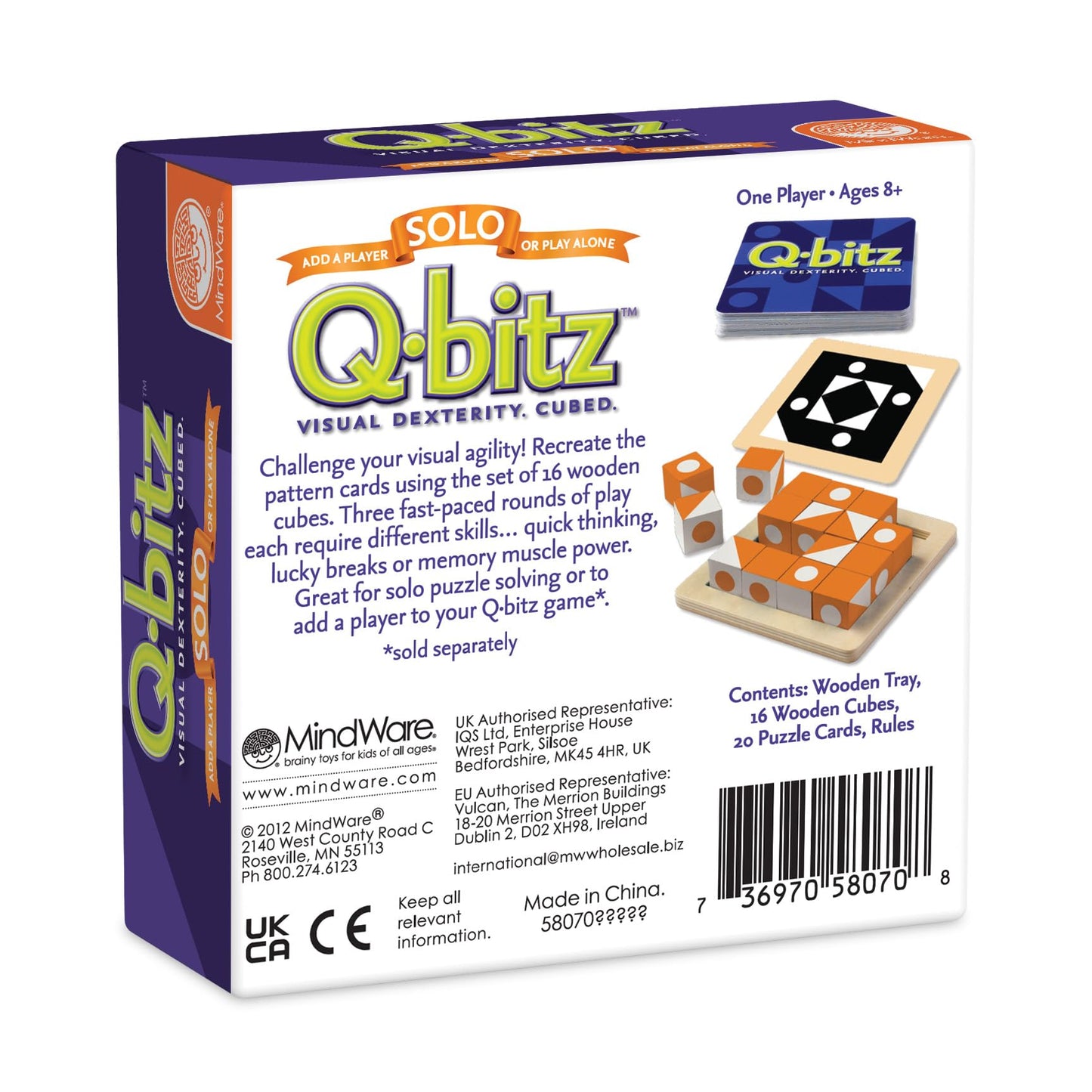 MindWare Q-bitz Solo Game - Small Orange Wooden Puzzle (Model 58070)