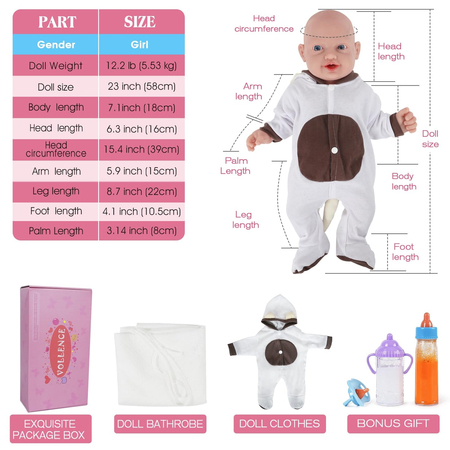 Vollence 23 Inch Silicone Reborn Baby Dolls Anatomically Correct Lifelike Silicone Newborn Baby Doll For Children Birthday Gift - Girl