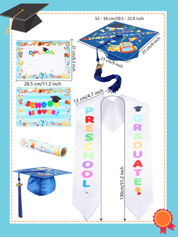 Preschool Graduation Gown And Cap With Tassel Printed Graduation Stoles Certificate Shiny Graduation Gown For Kindergarten (Blue