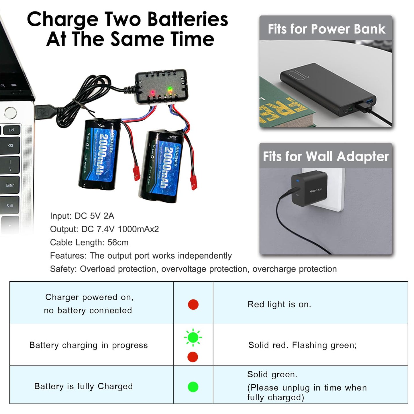 URGENEX 2000mAh 7.4 V Li-ion Battery with JST Plug 2S Rechargeable RC Battery with 1 to 2 USB Charger Fit for RC Helicopter Car