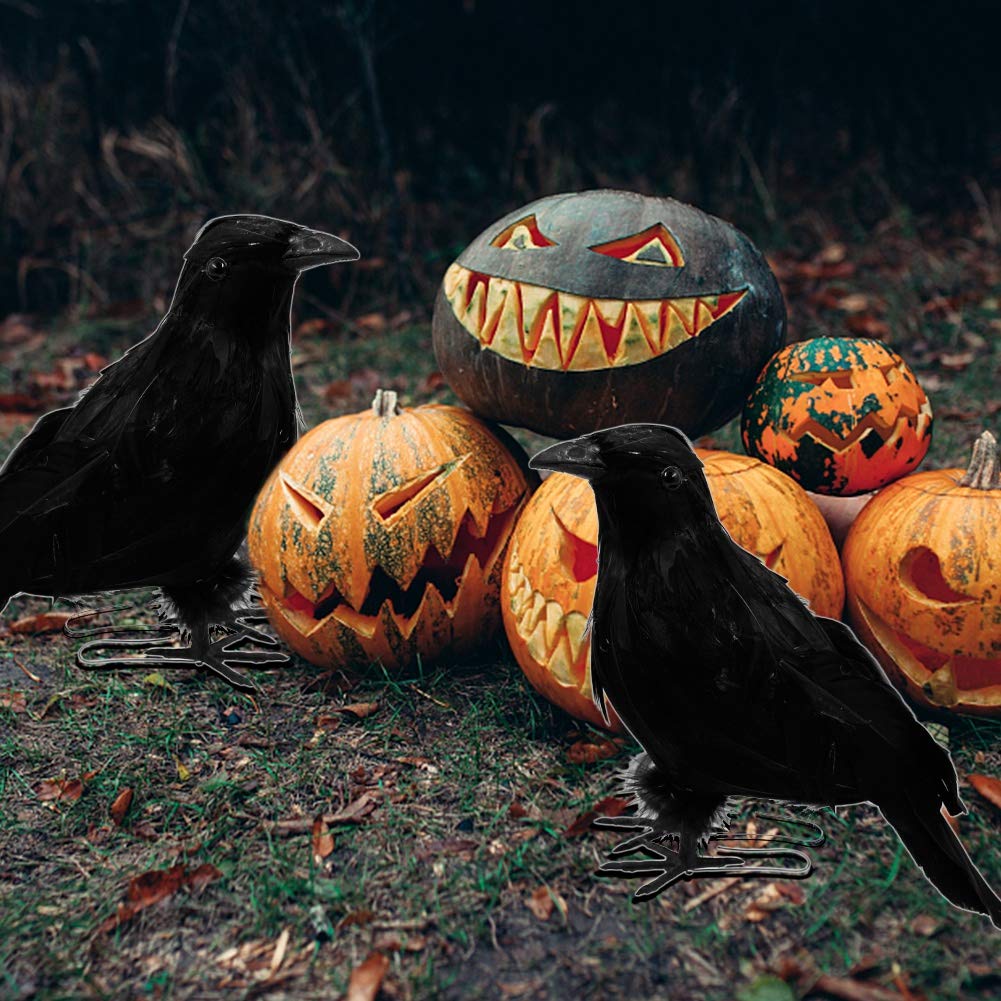Atdawn Halloween Birds, Black Feathered Crows, Realistic Looking Halloween Decoration Birds (10.6')