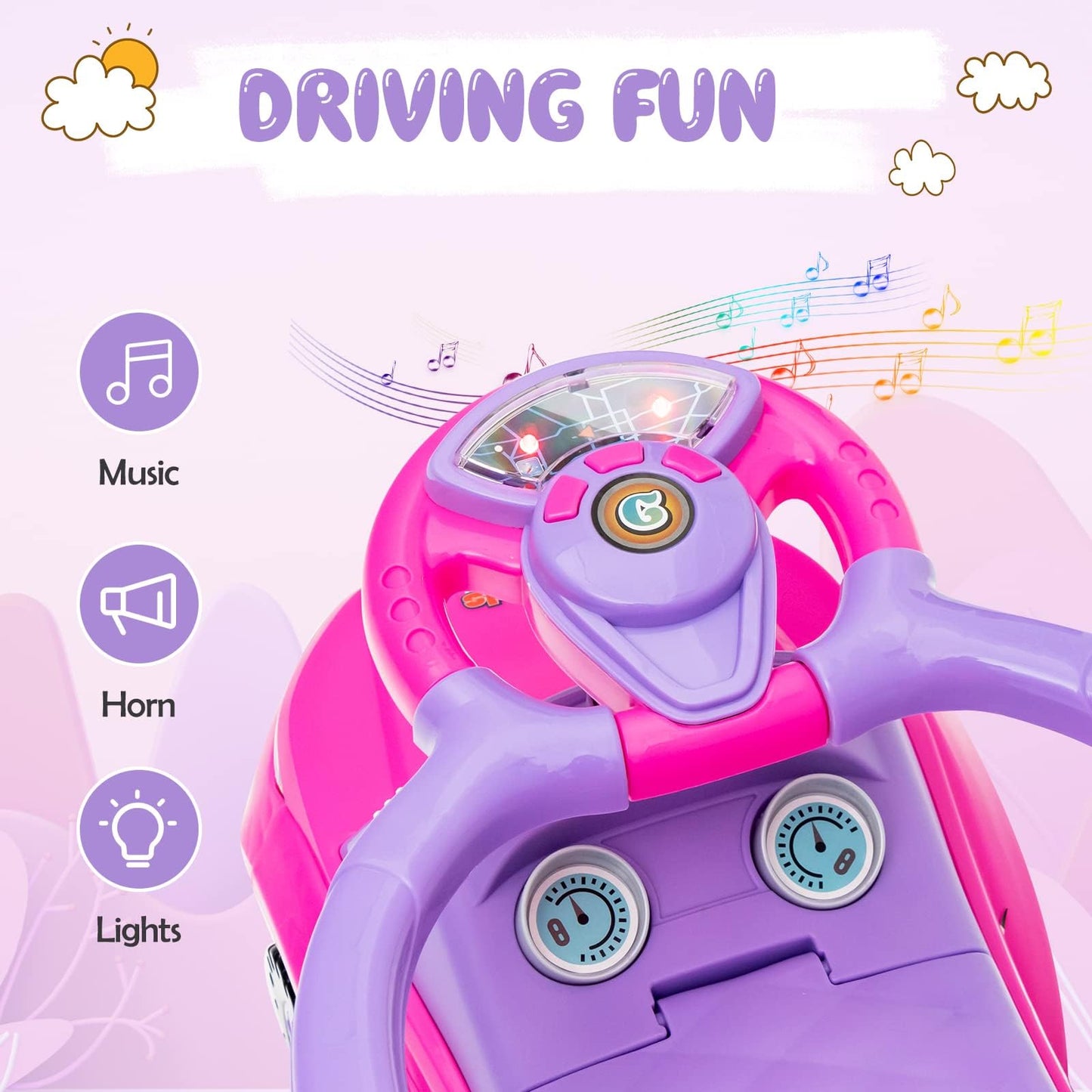 Olakids 4 In 1 Ride On Push Car, Toddlers Stroller Sliding Walking With Horn, Music, Lights, Removable Guardrails And Handle, Underneath Storage, Baby Foot-To-Floor Walker Boys Girls (Pink)