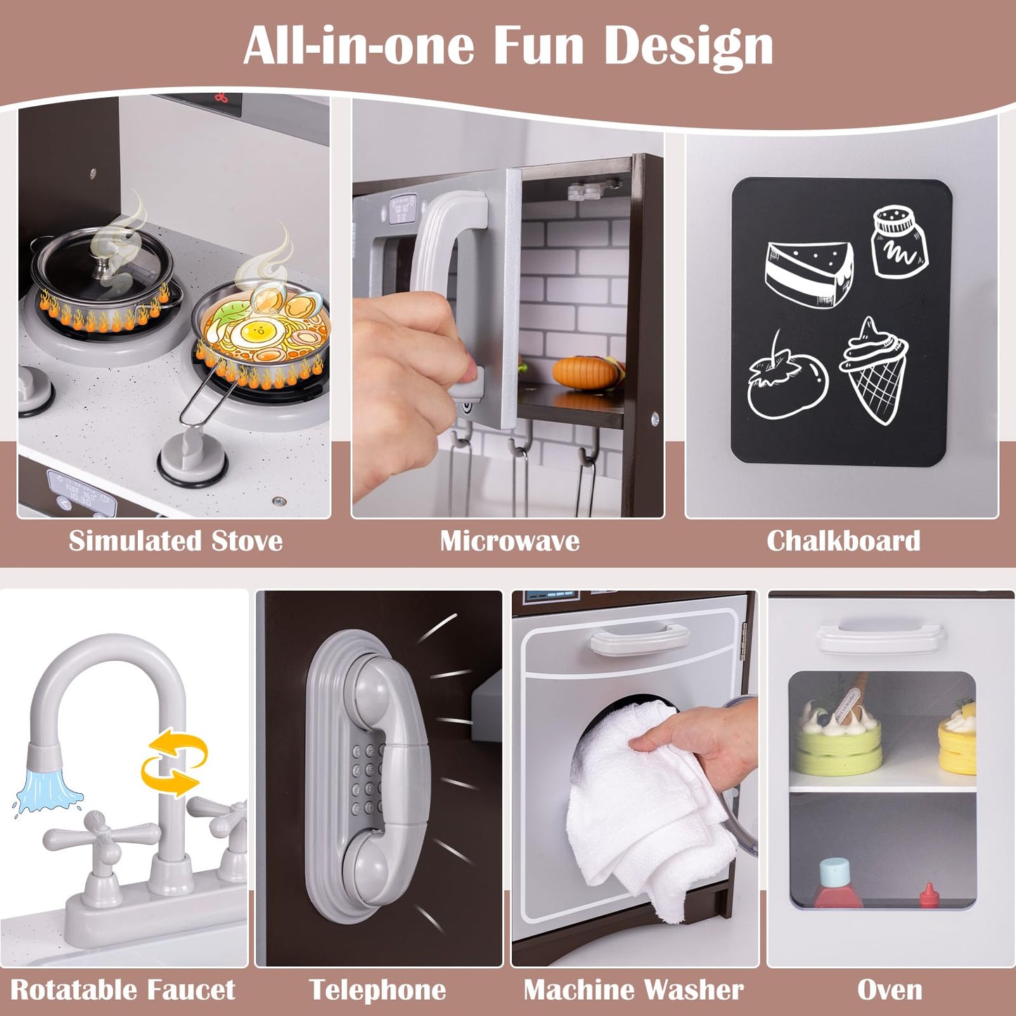 HONEY JOY Kids Kitchen Playset, 2-Piece Modular Wooden Play Kitchen for Toddlers & Washing Machine w/Sink, Lighted Range Hood, B