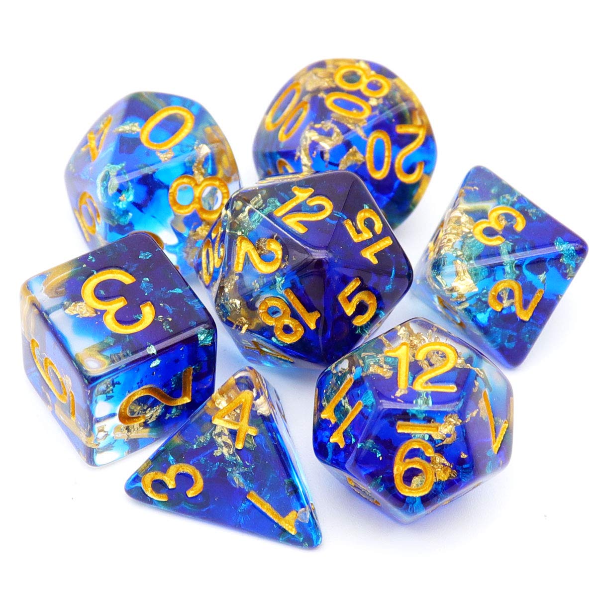 Haxtec DND Dice Set 7PCS Polyhedral Dice for Roleplaying Dice Games as Dungeons and Dragons-Blue Clear Gold Foil