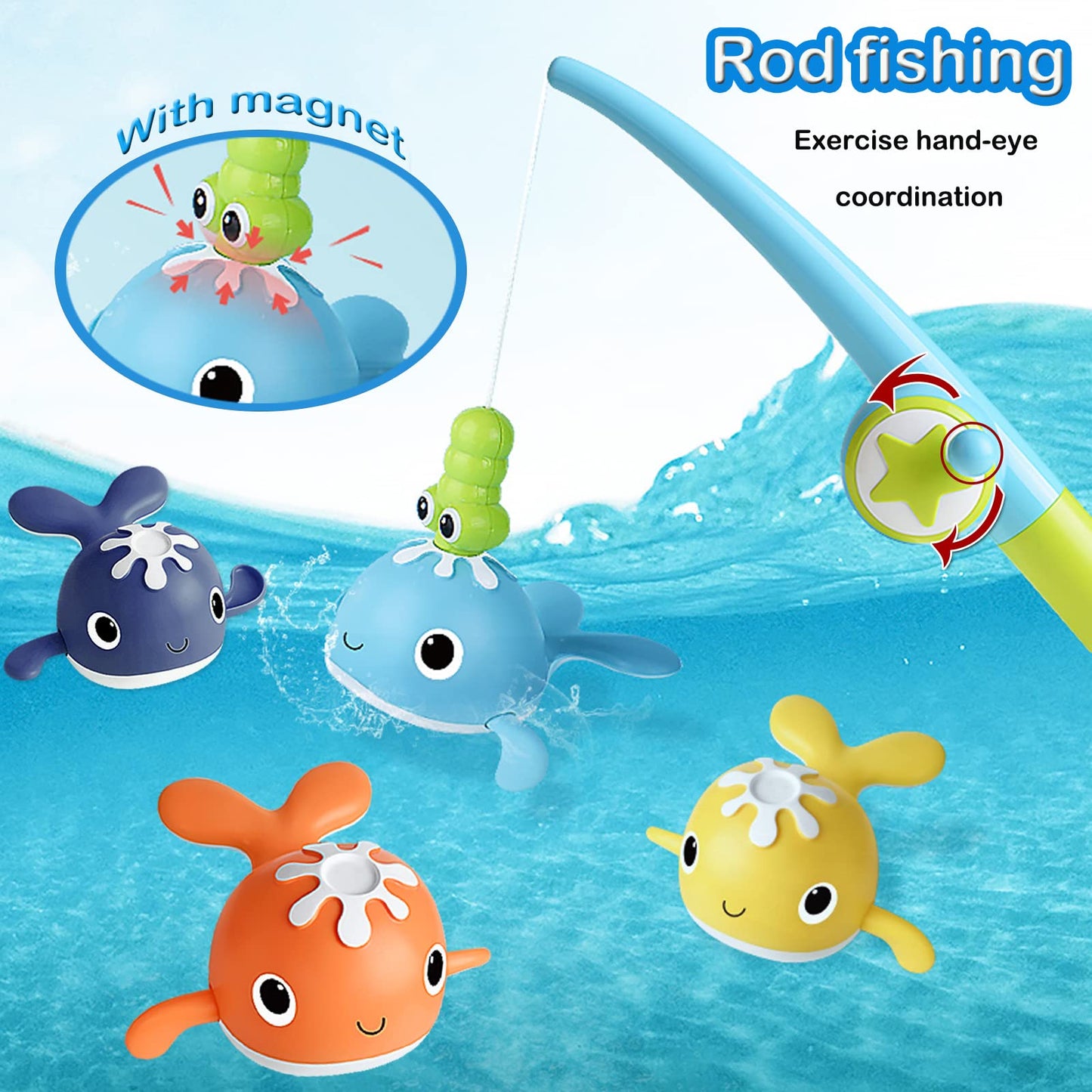 Loyuegiyo Baby Bath Toys,Magnet Fishing Game Bath Baby Toy For 1-3 4-8 Year Old Toddler Boys Girls,Toys For Kid,Baby Bathtub Toys 18 Months+,4 Wind-Up Whale Water Shower Toy&1 Fishing Pole&1 Net