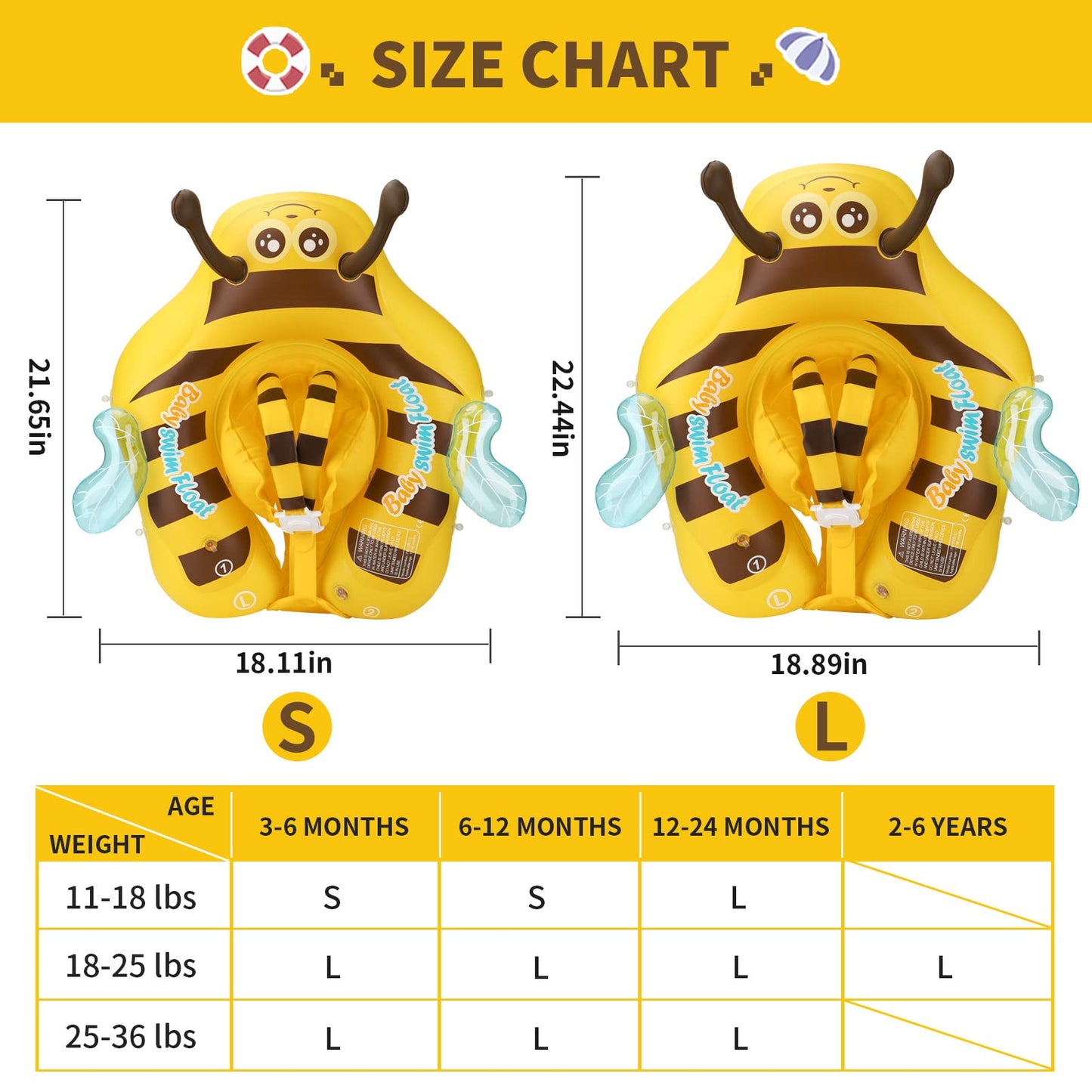 Free Swimming Baby Inflatable Baby Pool Float Ring Size Improved Bumble Bee Toddler Swim Trainer With Canopy For Age Of 3-36 Mon