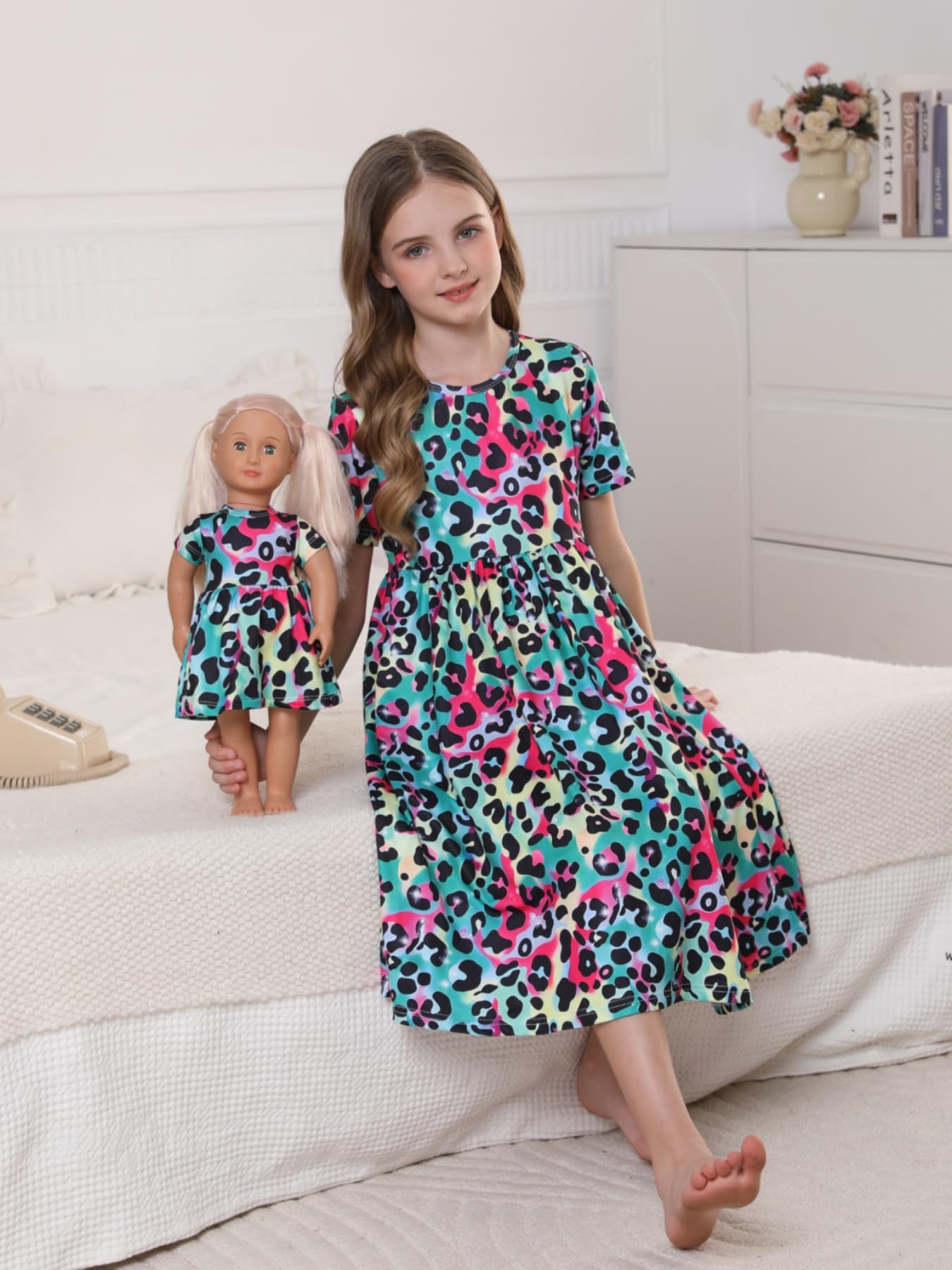 Bow Dream Girls Dress and Matching Doll Clothes Accessories for Girls Short Sleeve Leopard Kids Dress Size 150