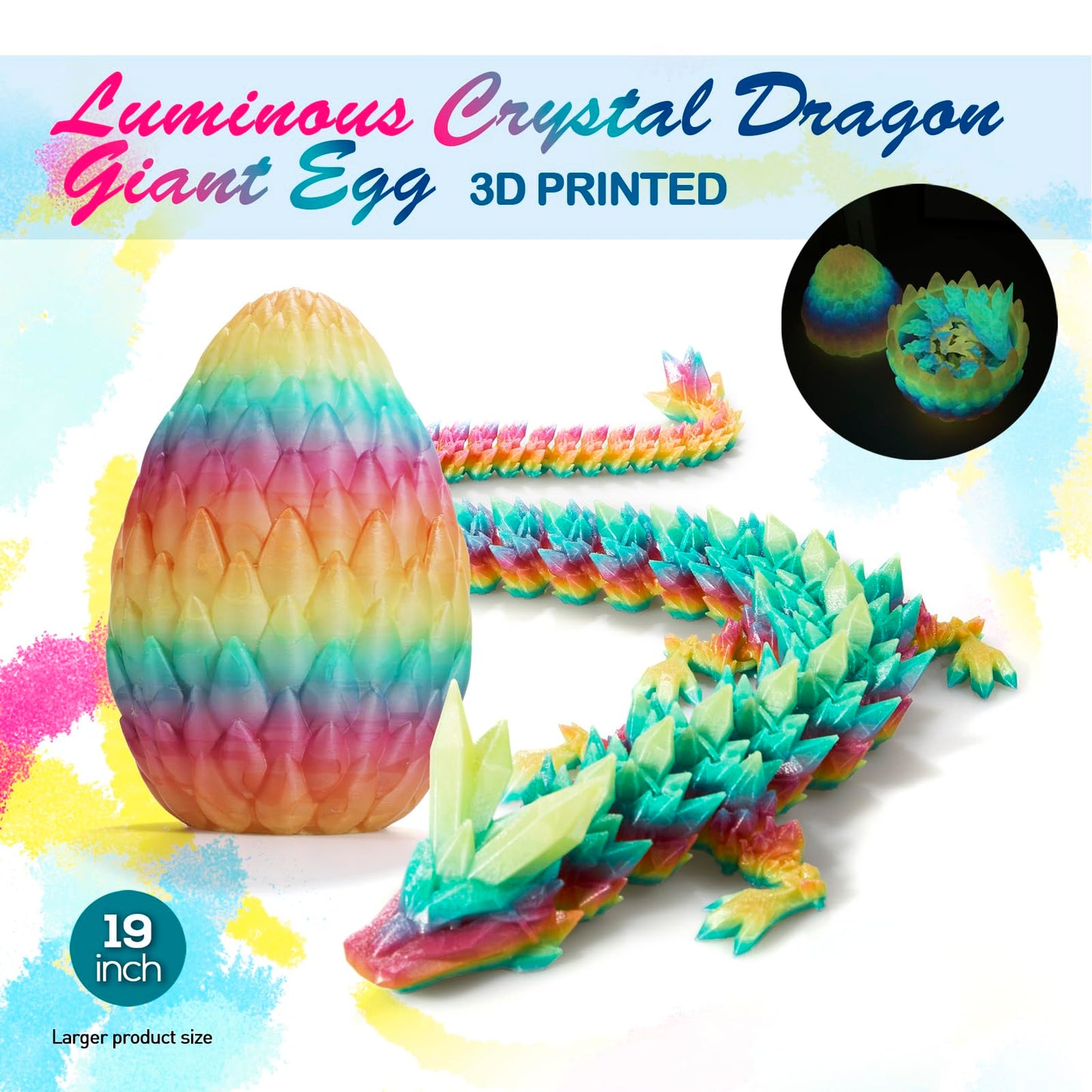 3D Printed Dragon Egg With Dragoln Inside,Surprise Dragon Egg Toy,19'' Full Articulated Crystal 3D Dragonls(Giant Luminous Rainb