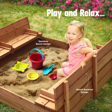 Large Wooden Kids Sandbox With Lid - Outdoor Sand Box For Kids With Cover Sand Protection, Foldable Bench Seats And Bottom Liner
