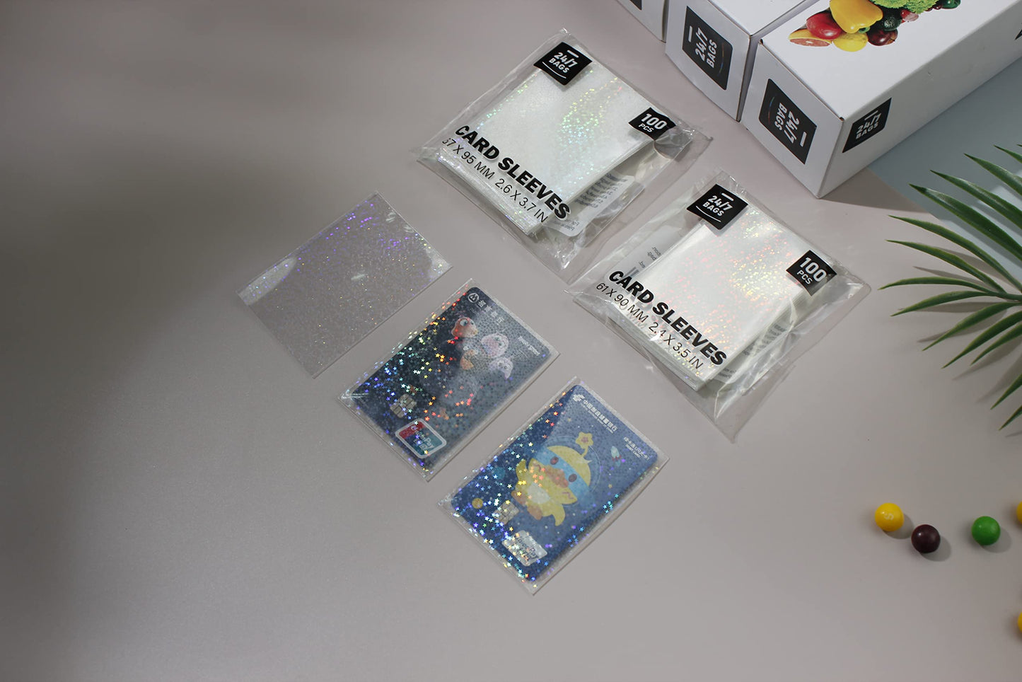200 Card Protective Sleeves, 2.4 X3.5 , Clear Front/Holographic Back, Pvc-Free, Size Fits Most Trading Cards, Collect Your C