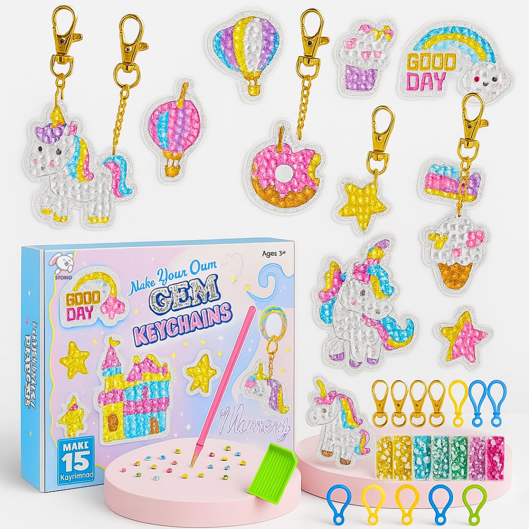 Storio Diy Gem Keychain Kit For Girls | Make Your Own Keychains With Gem Stickers | Fun Art & Craft Toy For Kids | Gift For Girl