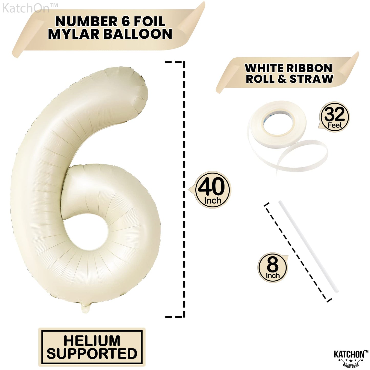 Katchon, Giant Cream Number 6 Balloon - 40 Inch | 6Th Birthday Balloon For 6Th Birthday Decorations | 6 Balloons For Birthday | Six Balloon Number | 6 Year Old Balloon For 6 Year Decorations