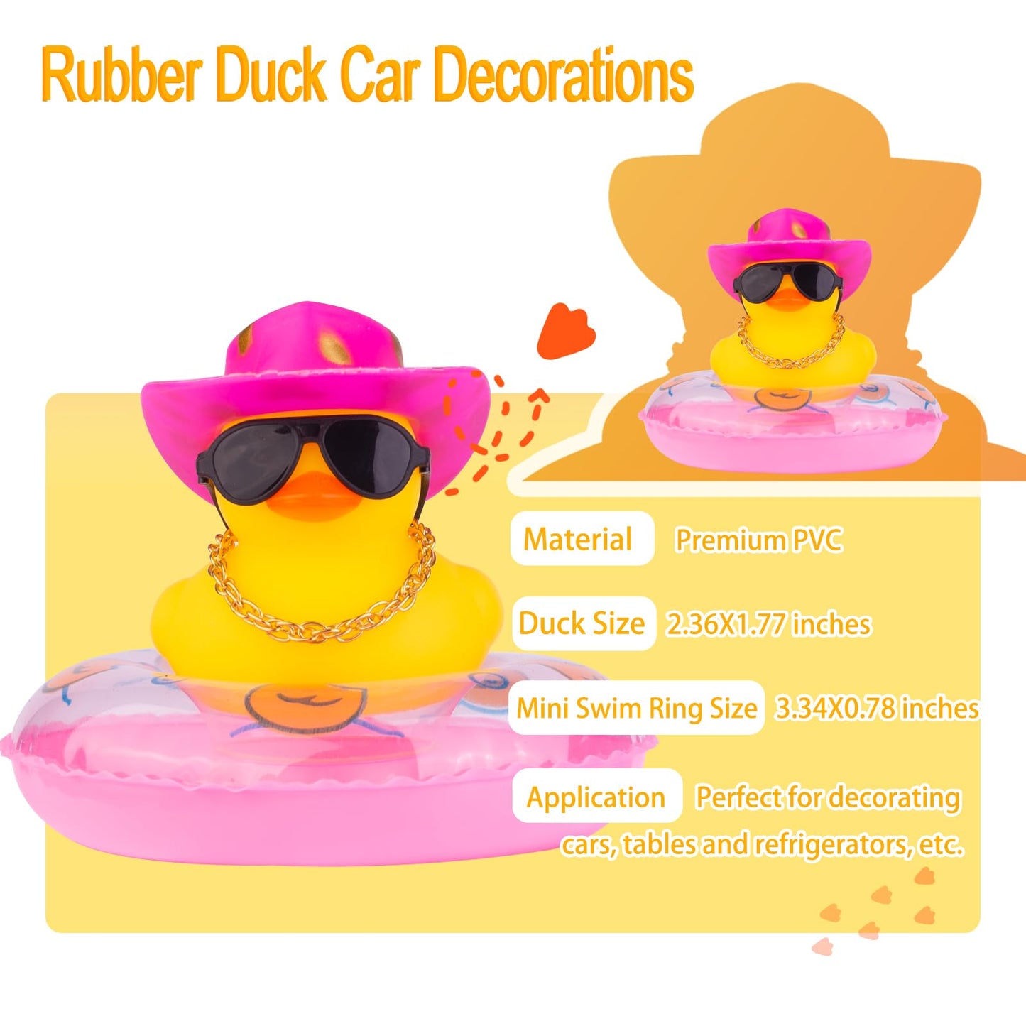 MuMyer 2Pcs Duck Car Ornaments - Yellow Duck Car Dashboard Decorations with Mini Swim Ring Cowboy Hat Necklace and Sunglasses