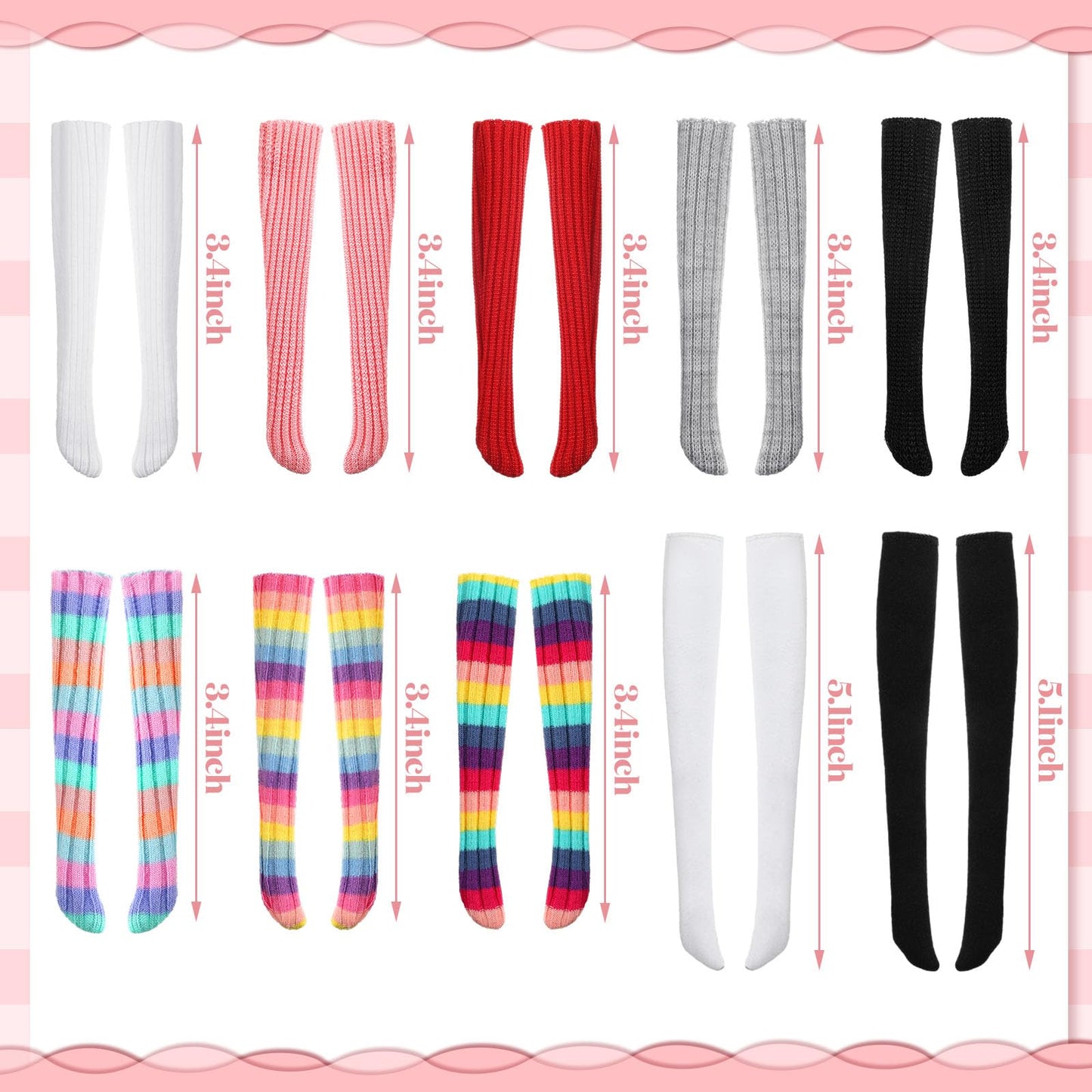Sotiff 10 Pairs Doll Lace Stockings Handmade Long Sock Christmas Elf Doll Accessories Legging For Diy Doll Clothes Toy(Groovy Style)