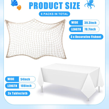 Unittype 6 Pack Fish Net Decorative And Tablecloth Set, Cotton Fishnet And Plastic Table Cover Decorations Set For Nautical Them