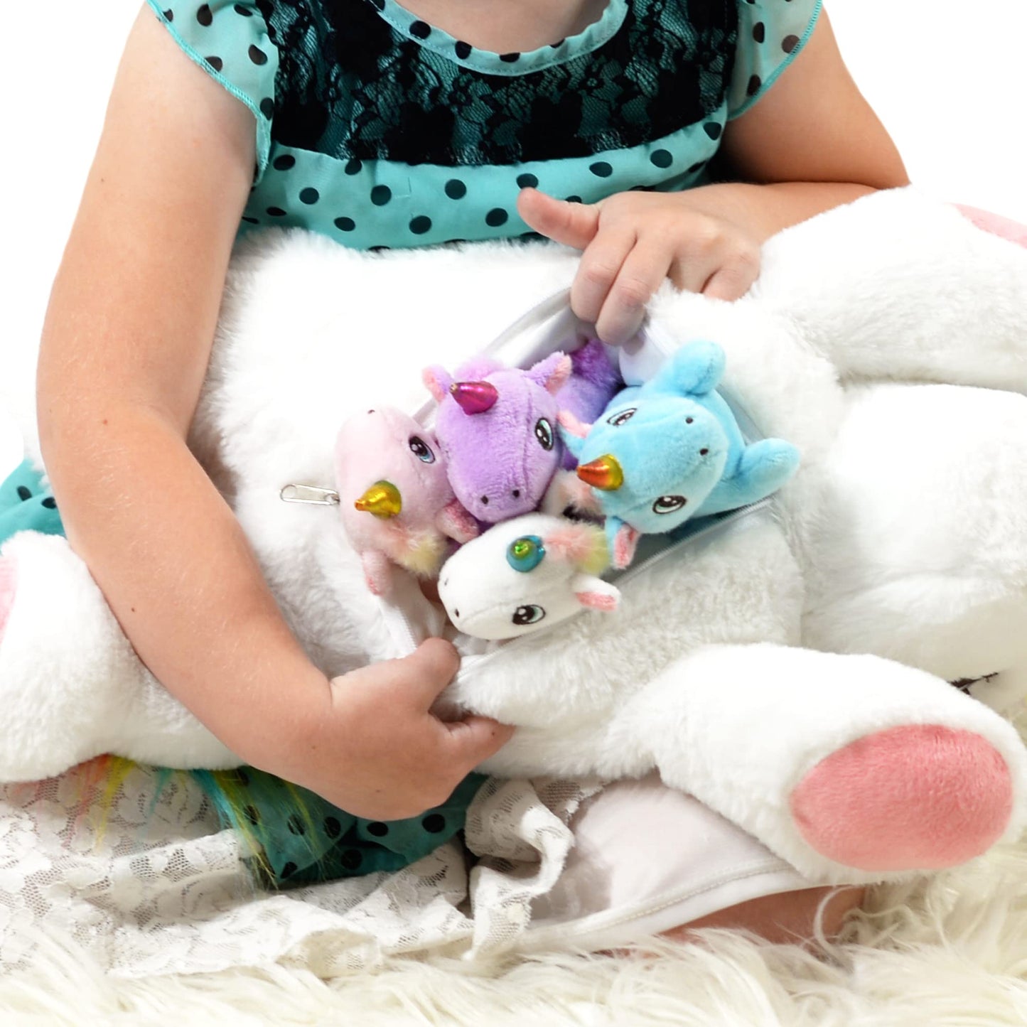 Dreamsbe Unicorn Stuffed Animal With Mommy And 4 Baby Unicorns For Girls - Plush Mom Unicorn Stuffie With Pocket For Babies In H
