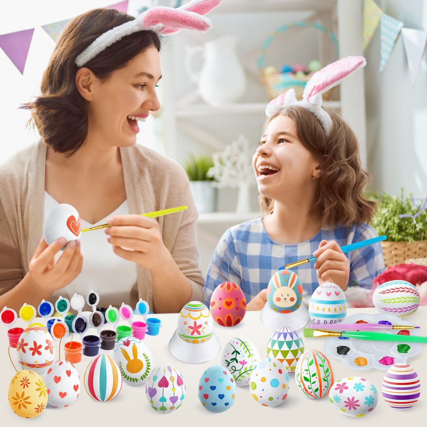 Springflower Easter White Eggs Painting Kit - Paintable Hanging Flocking Eggs With Rope, Diy Design, 28Pcs