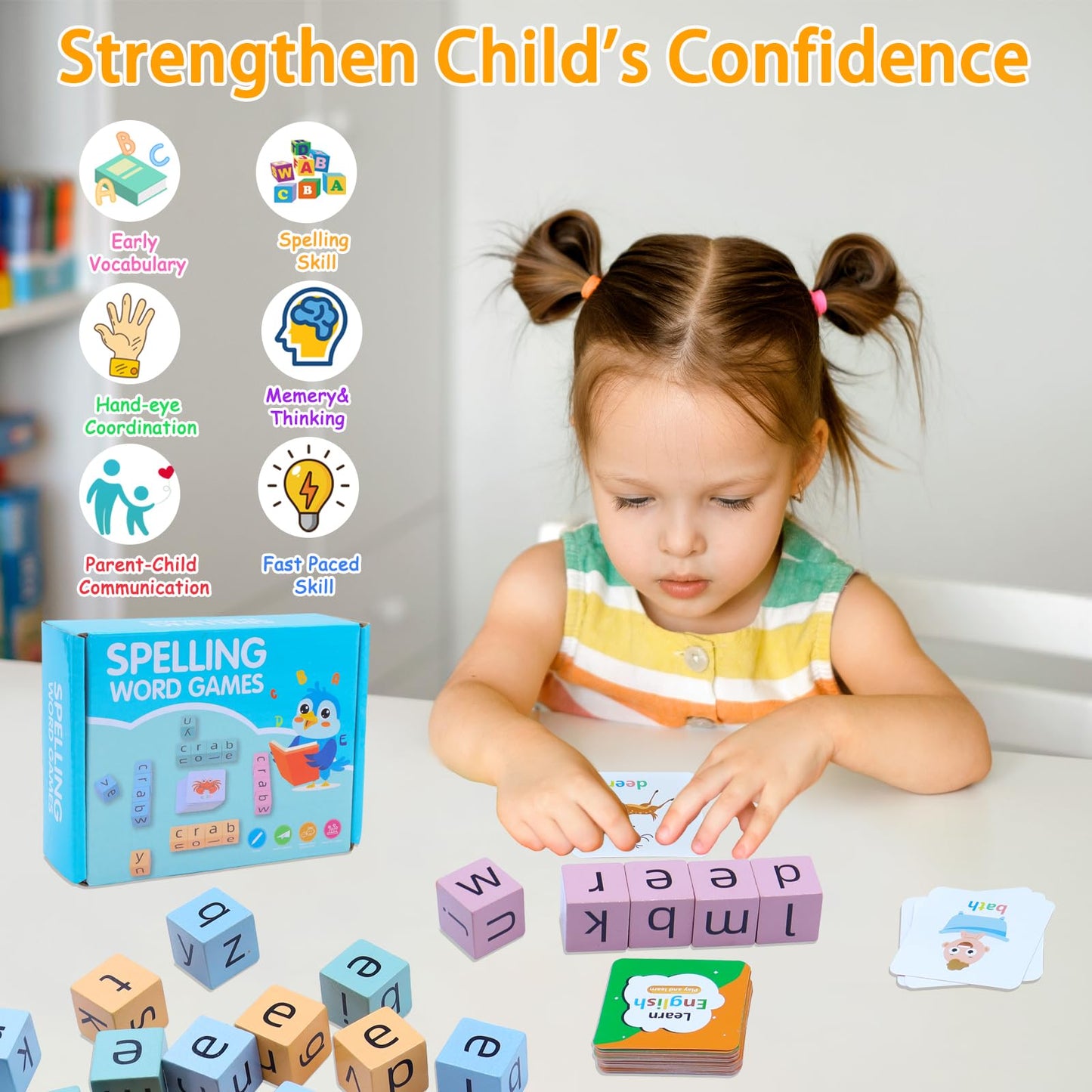 Humerry Word Spelling Game, Matching Letter Game For Kids, Fast-Paced Word Race Cube Game, 54Pcs Flash Cards Alphabet Blocks, Ed