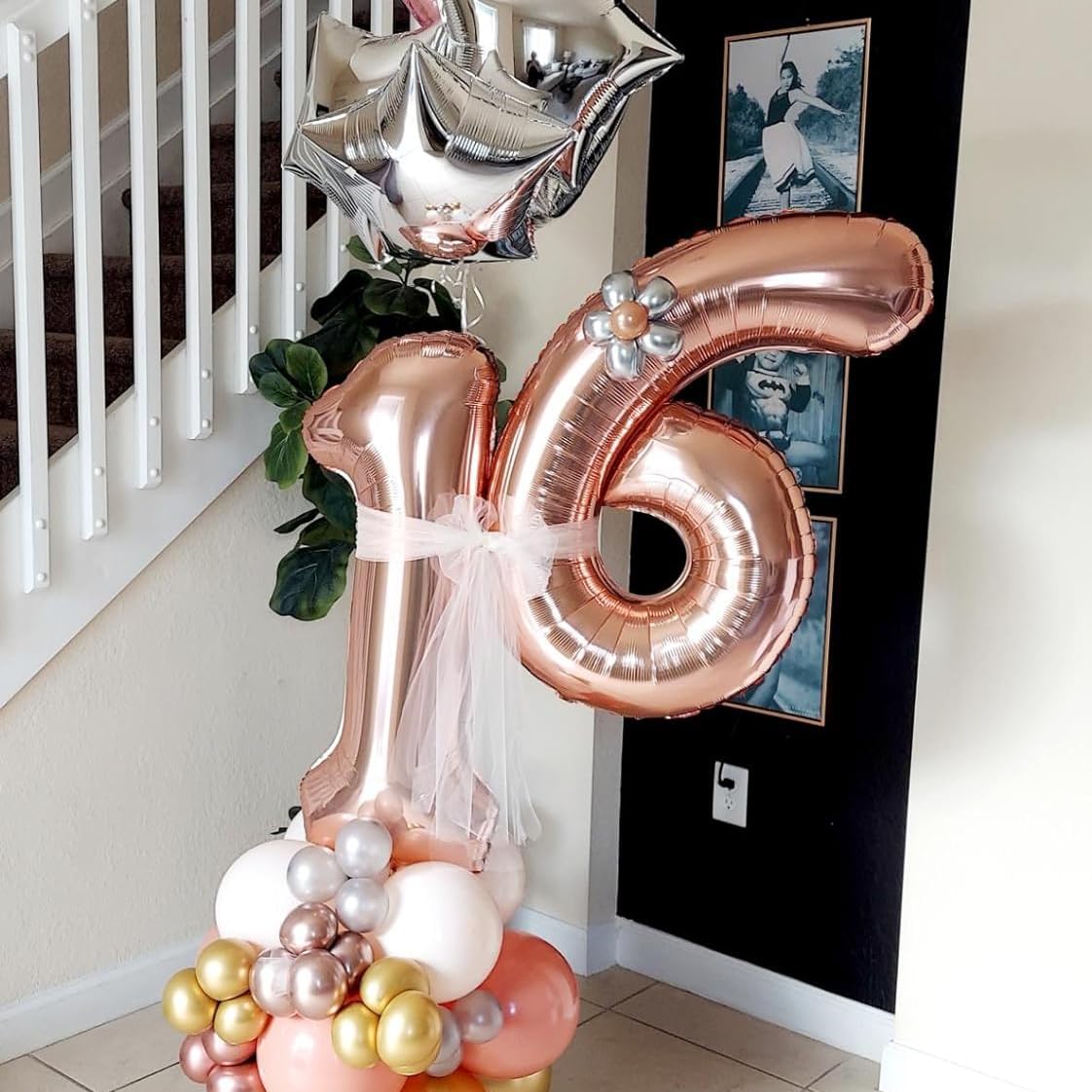 Paticool 16 Number Balloon Rose Gold, 40 Inch Large 16/61 Number Foil Mylar Balloons For 16Th Birthday Party Celebration Decorat