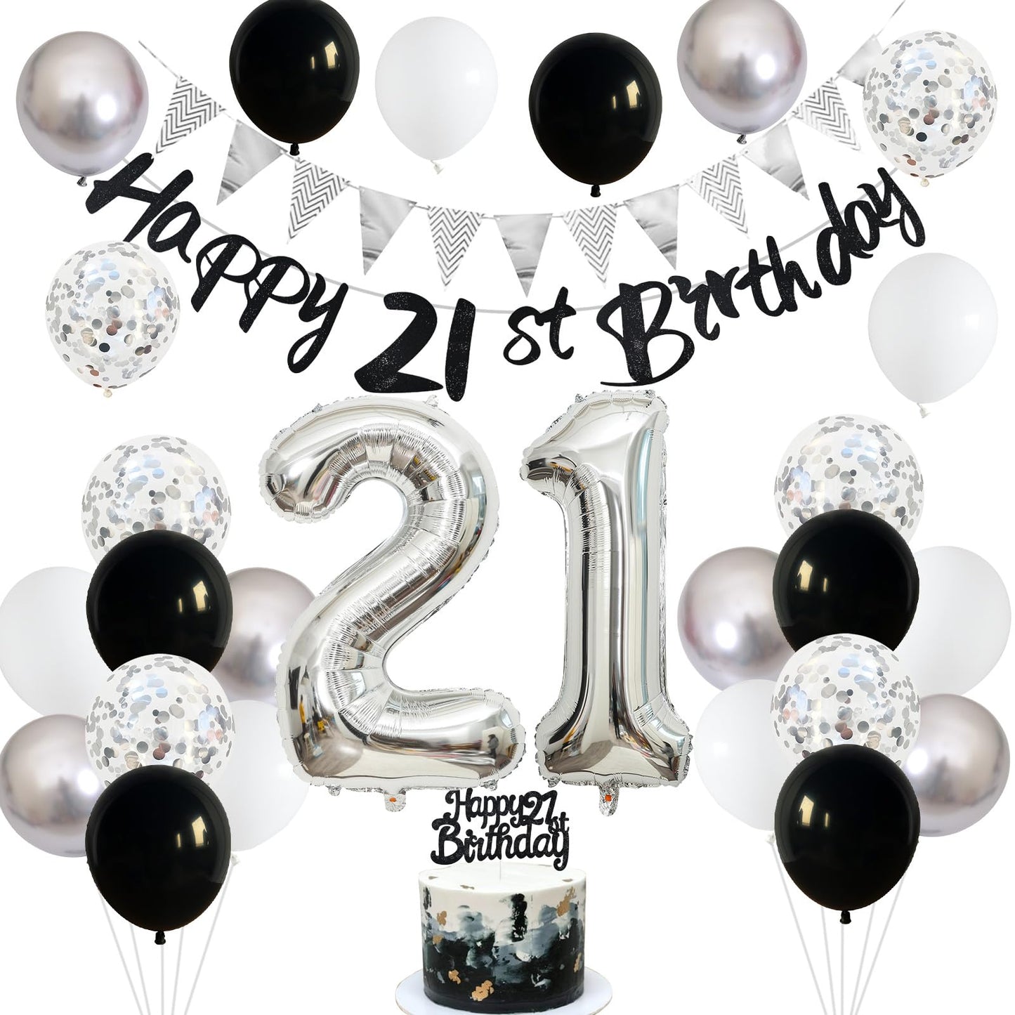 21St Birthday Decorations For Him Her, Happy 21St Birthday Banner With Black Silver White 21St Birthday Balloons Birthday Cake T