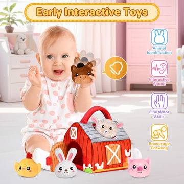 Kmuysl Baby Toys 0-6 6-12 Months, Plush Big Red Barn With Farm Animals, Soft Sensory Toys With Crinkle, Rattles For 0-3-6-9-12 Month Newborn Infant, Christmas Easter Birthday Gifts For Baby Boys Girls