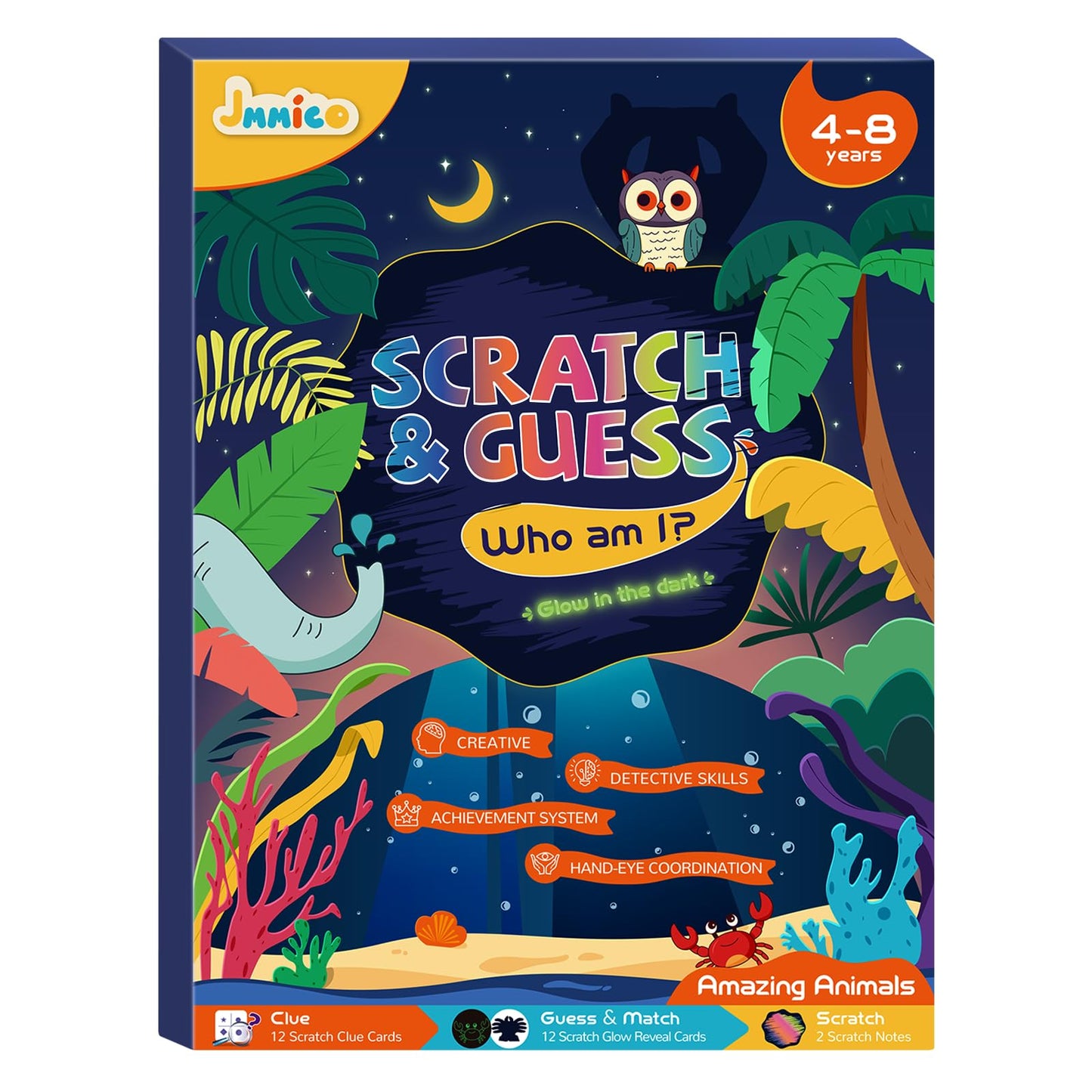 JMMICO Glow-in-The-Dark Scratch & Guess Animal Cards, with 2 Pack Rainbow Scratch Notebooks, Mess Free Toddler Craft, Crafts for
