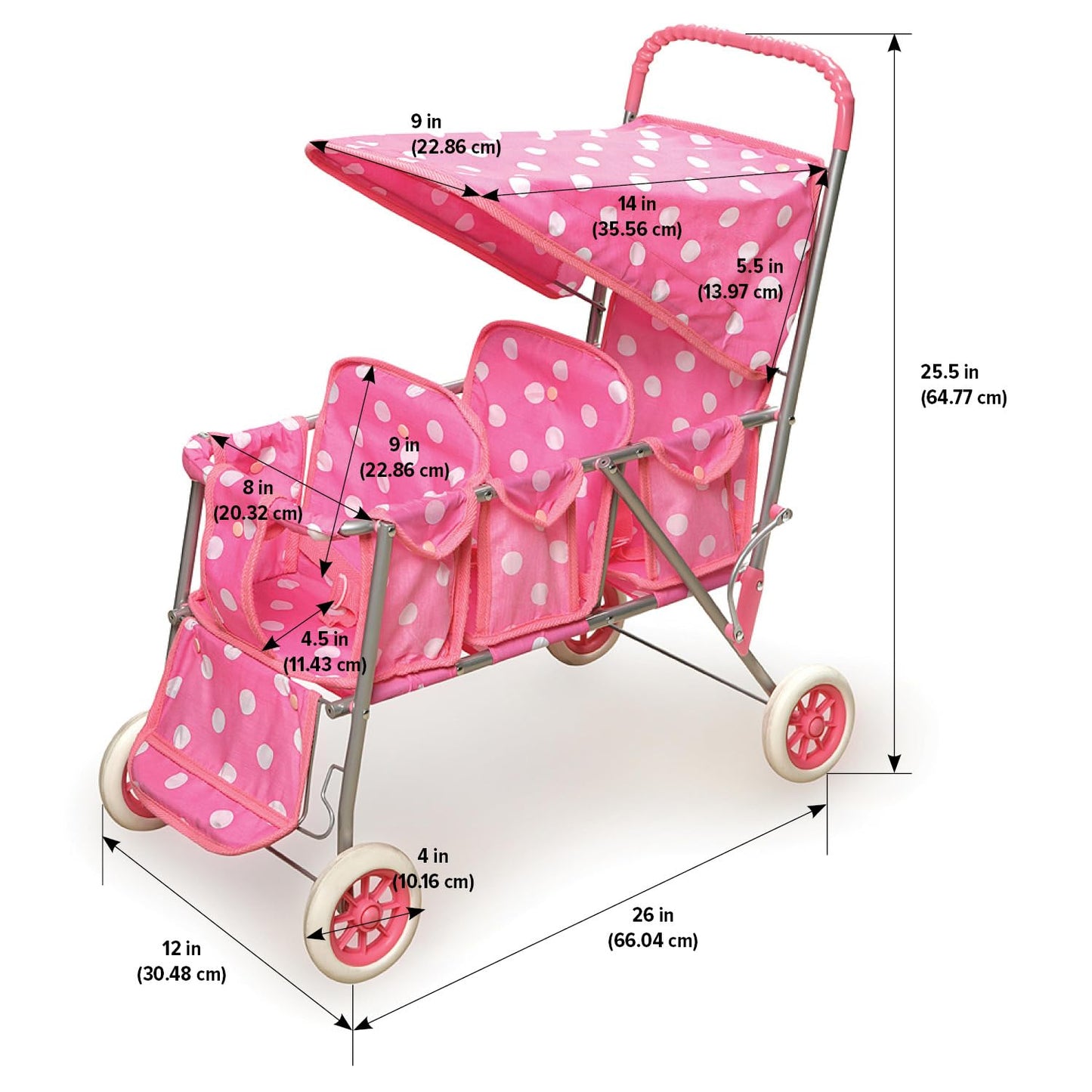 Badger Basket Folding Triple Doll Stroller For 18-Inch Dolls – Stylish Pink With Polka Dots, Lightweight And Convenient For Fun Playtime Adventures