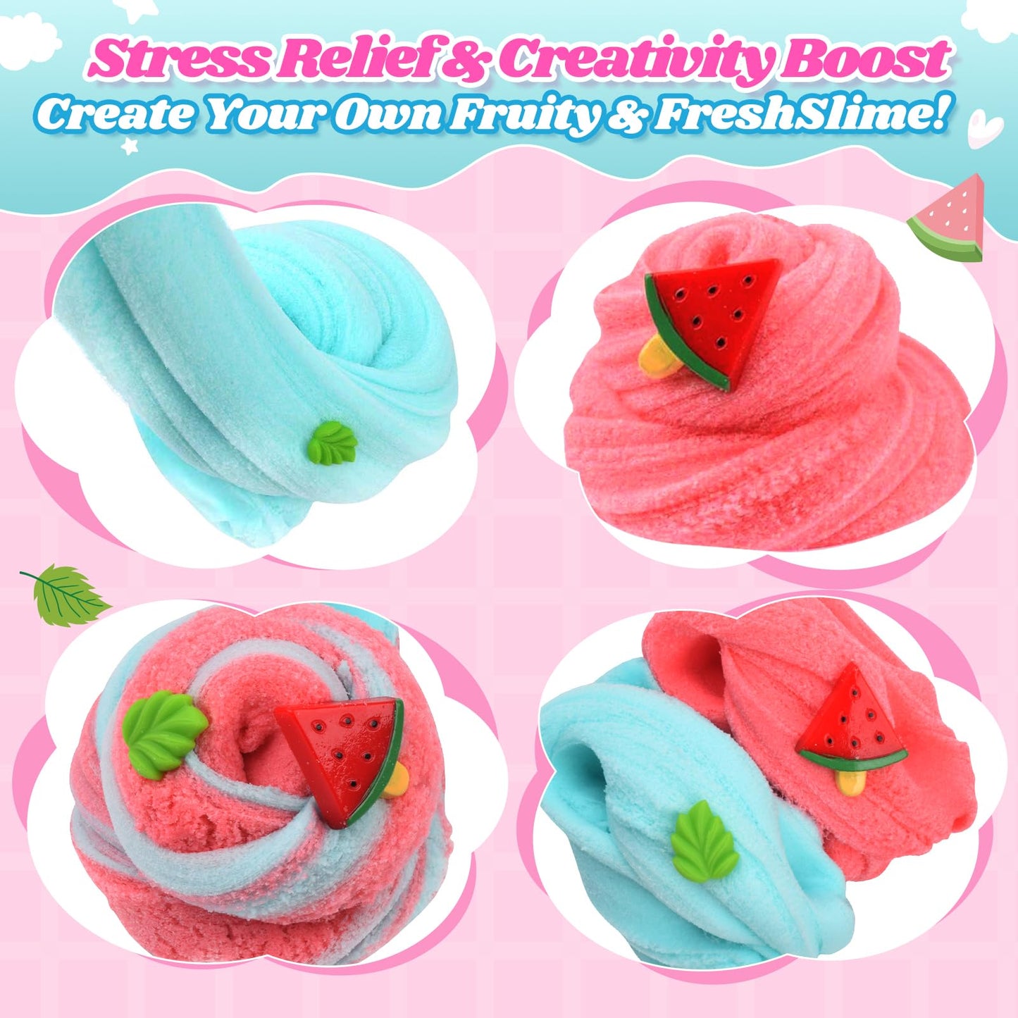 2 Pack Cloud Slime Kit With Red Watermelon And Mint Charms, Scented Diy Slime Supplies For Girls And Boys, Stress Relief Toy For Kids Education, Party Favor, Gift And Birthday