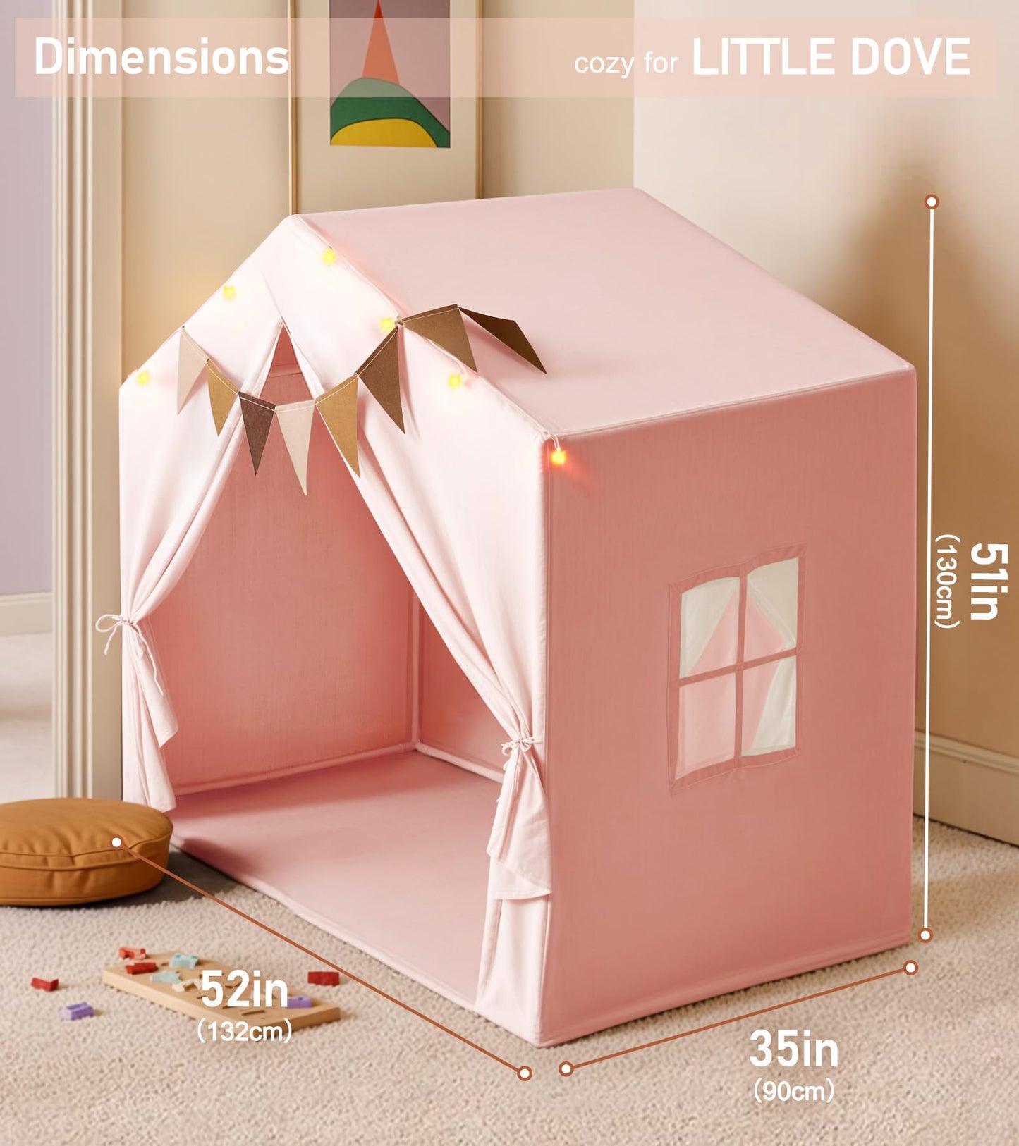 Kids Play Tent, Large Kids Playhouse with String Lights and Flag Garland, Bed Tent with 2 Windows, Machine Washable Reading Nook