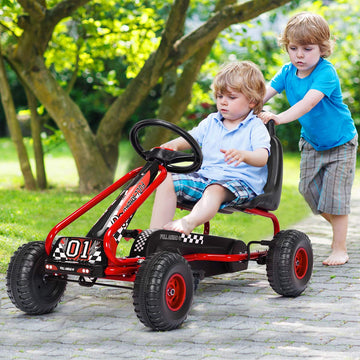 Costzon Go Kart For Kids, 4 Wheel Pedal Powered Go Cart With Adjustable Seat, Handbrake & Non-Slip Wheels, Outdoor Racer Ride On Pedal Car, Gift For Boys Girls (Red)