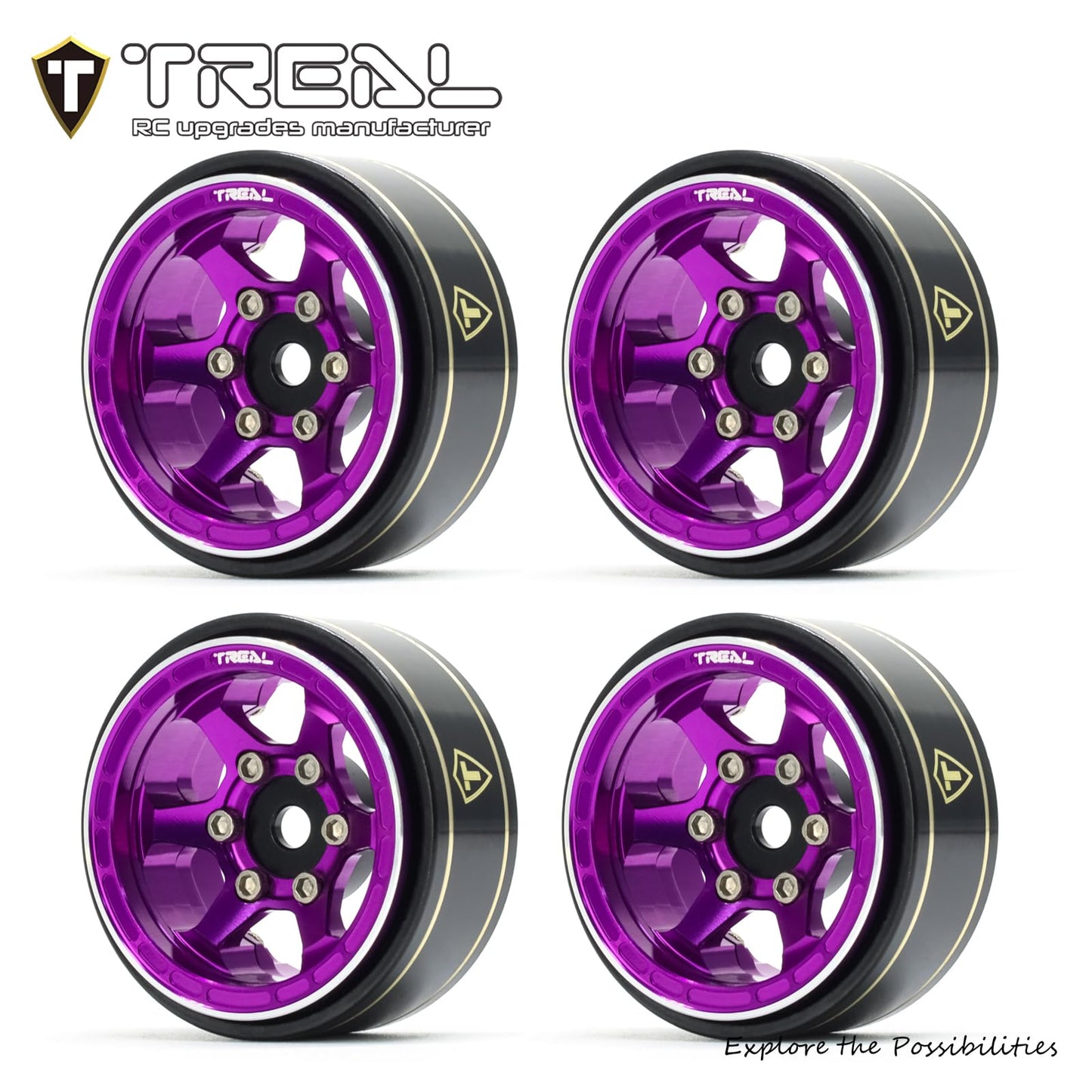 Treal Scx24 Wheels 1.0'' Beadlock Wheels (4P) Scale-Look Concave Six Spoke Rim Crawler Wheels For Axial Scx24 -Type D (Purple)